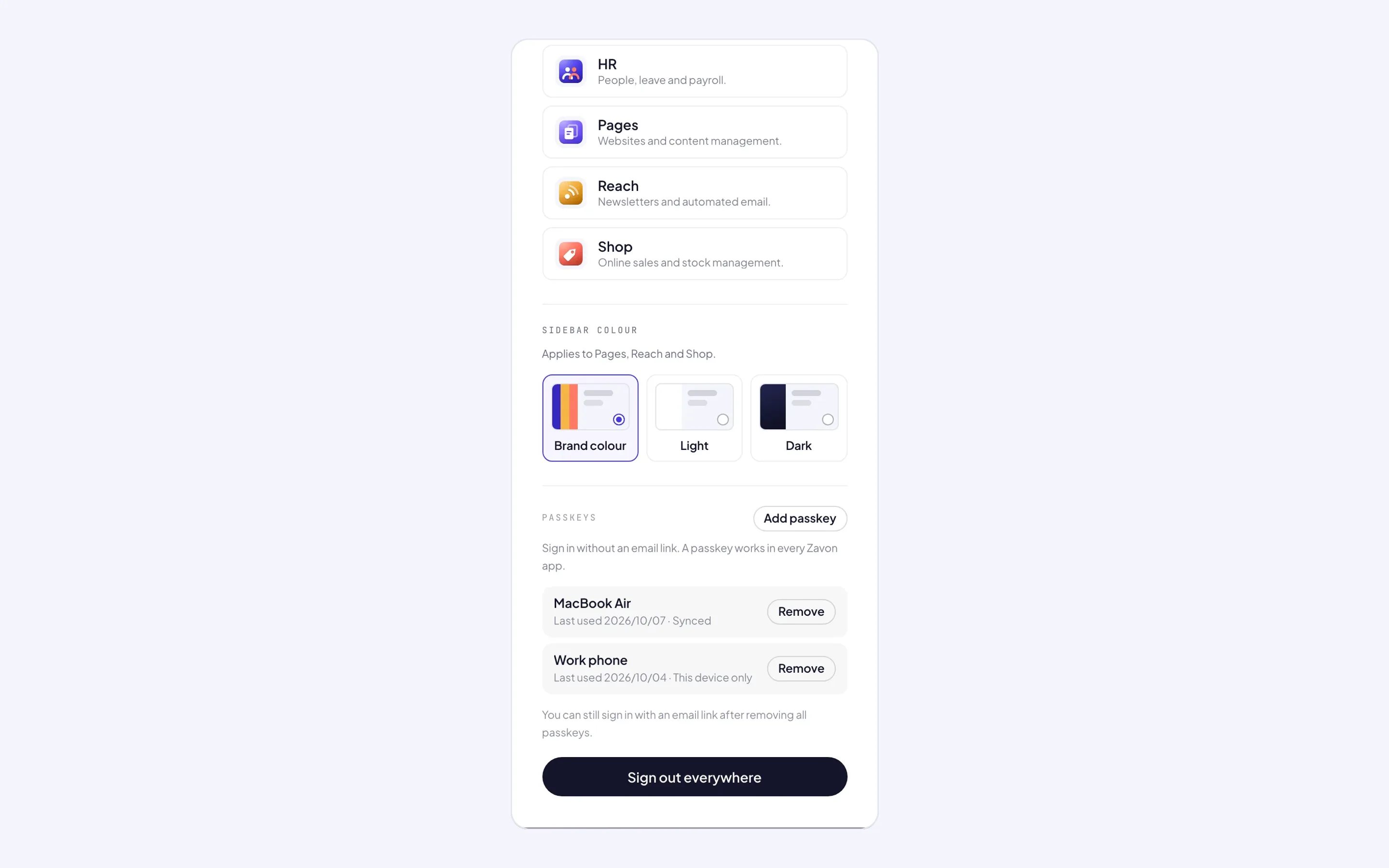 The Accounts account page: your apps (HR, Pages, Reach and Shop), the sidebar colour, your passkeys with Add passkey, and Sign out everywhere