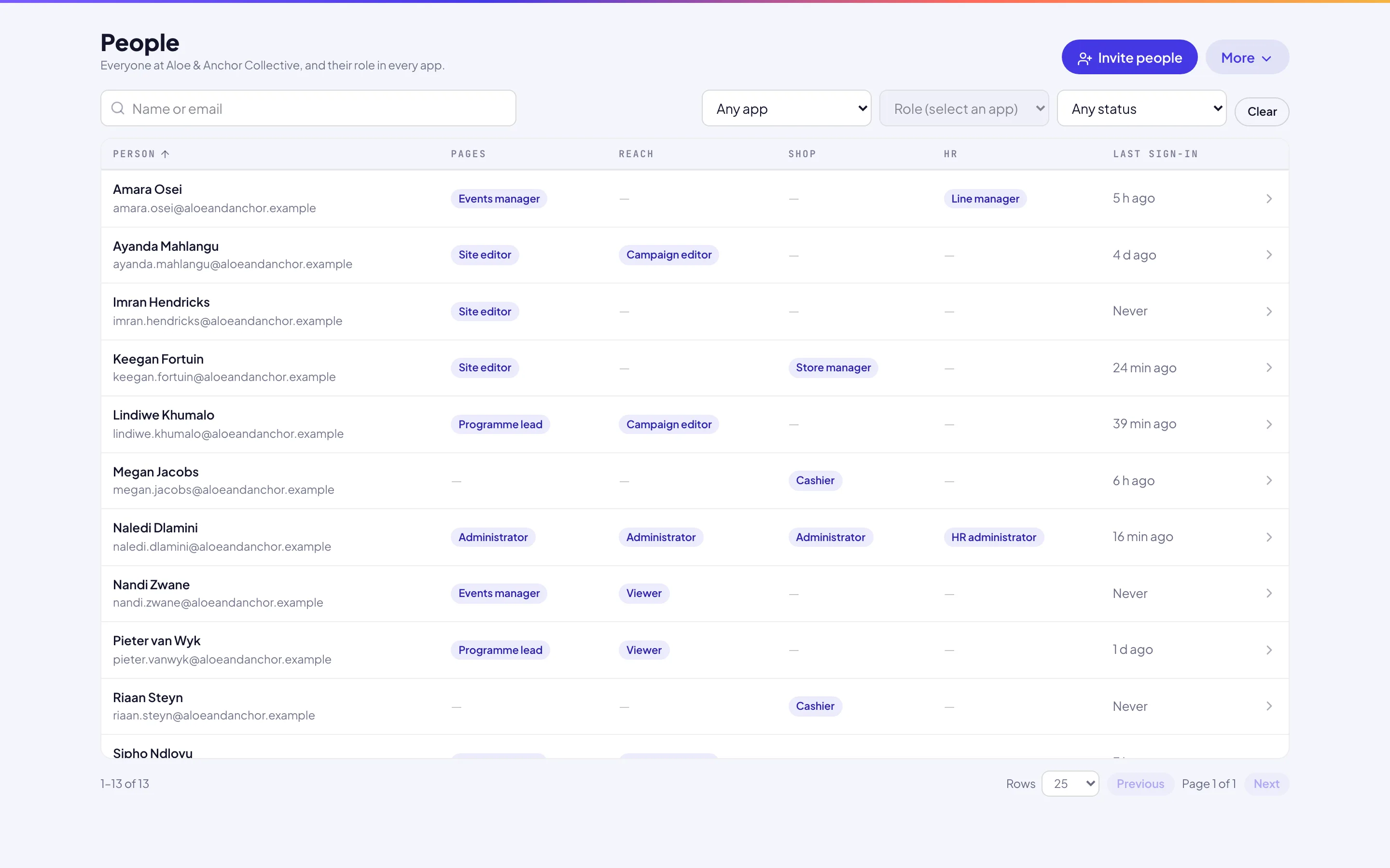 The team grid in Accounts with roles and invitations