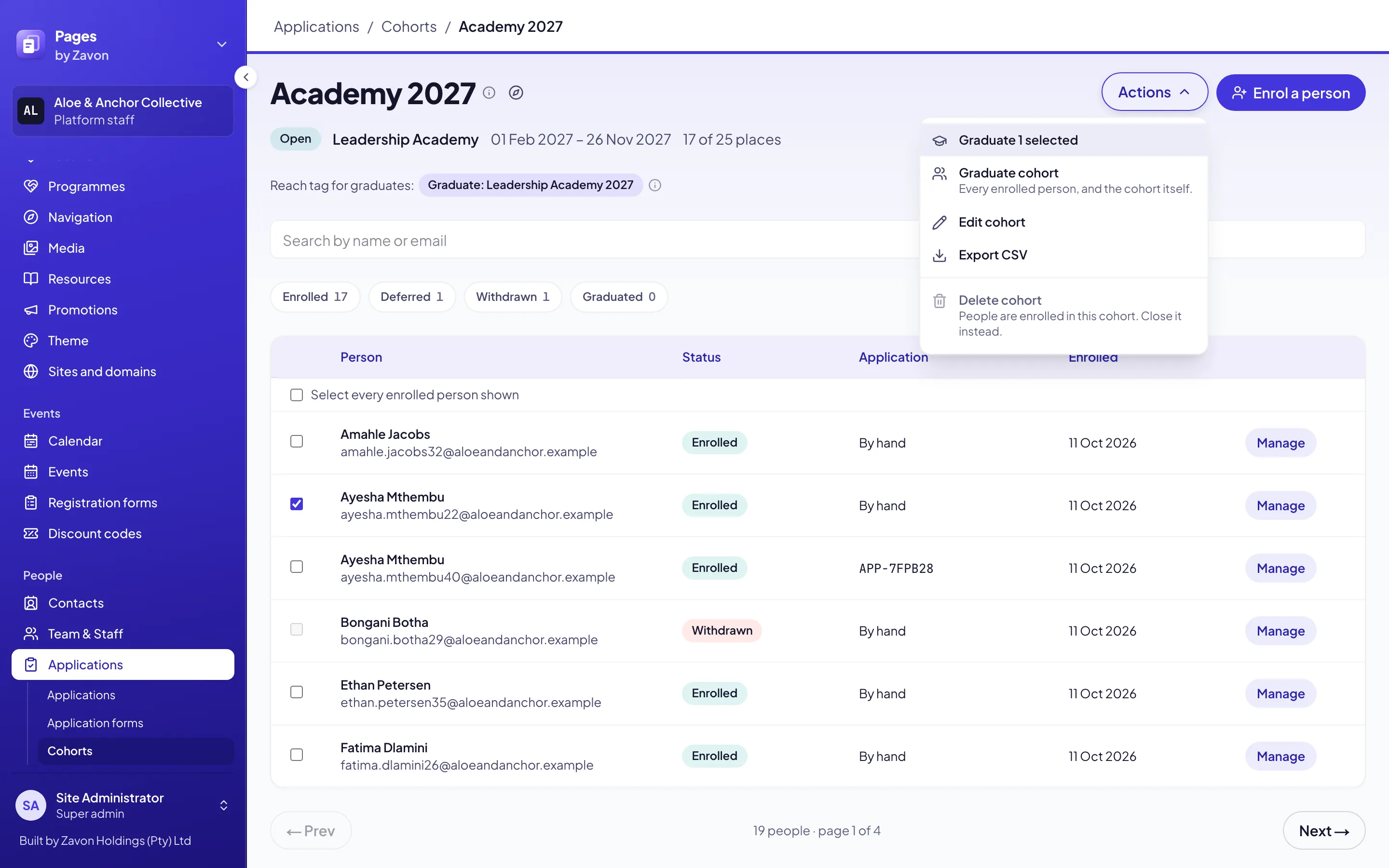 A cohort page: one person selected in the list of people, and the Actions menu open with Graduate 1 selected and Graduate cohort