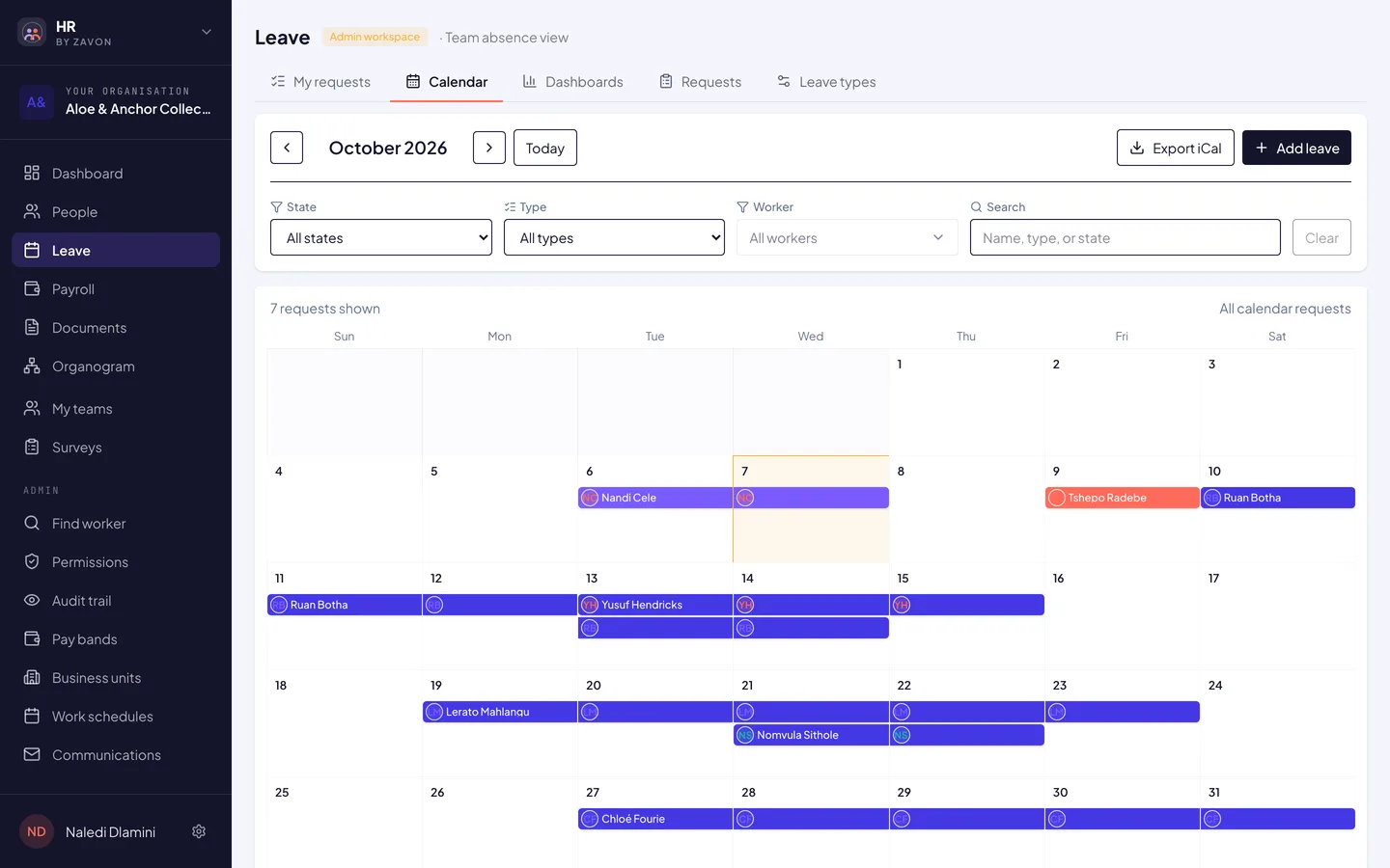 The leave calendar in HR