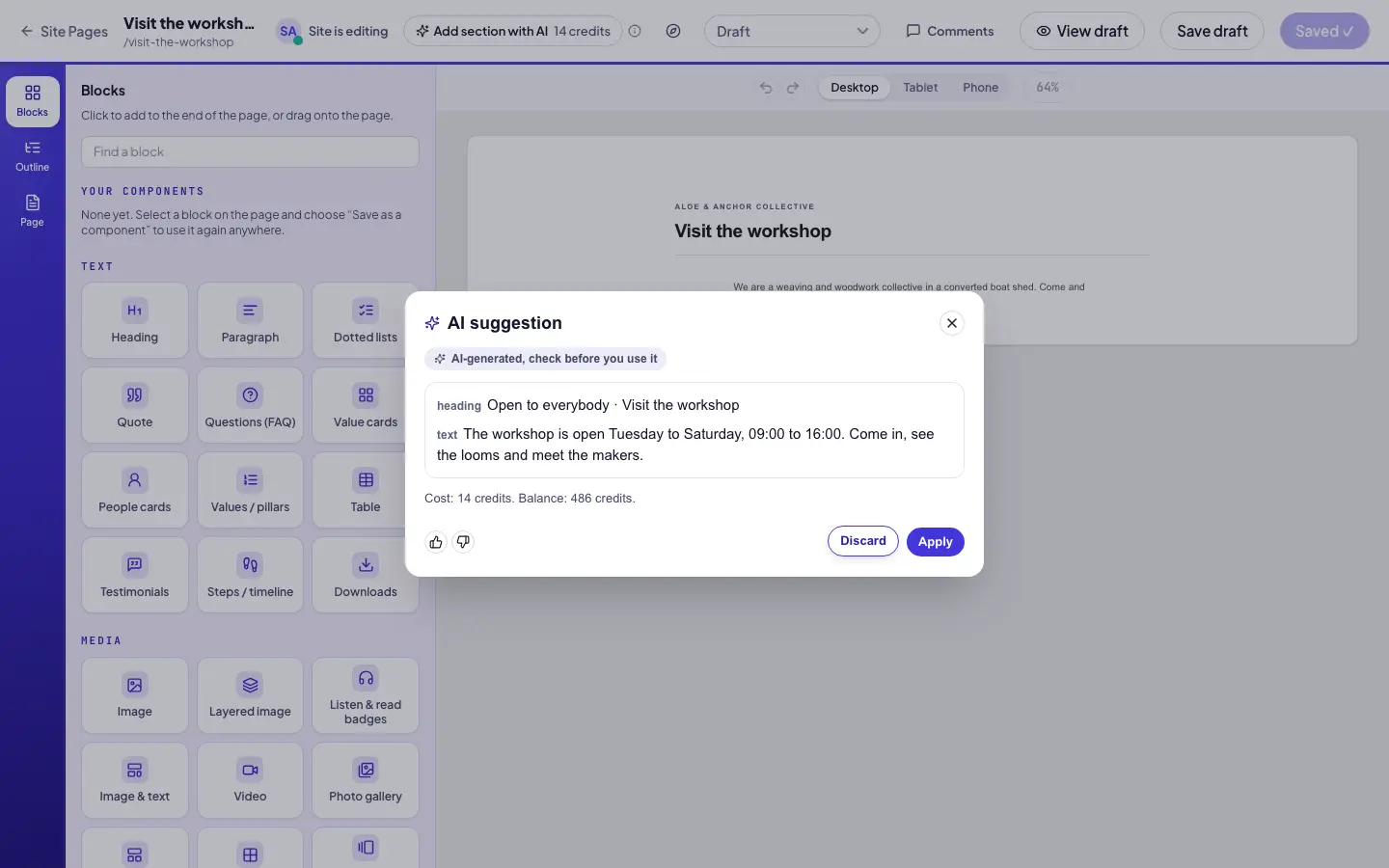 The AI suggestion dialog in the Pages console: a drafted section with the label AI-generated, check before you use it, the cost and balance in credits, and the Apply and Discard buttons