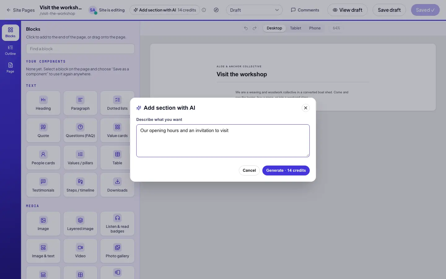 The page editor with the Add section with AI dialog open: the Describe what you want field filled in and the Generate button with its price in credits