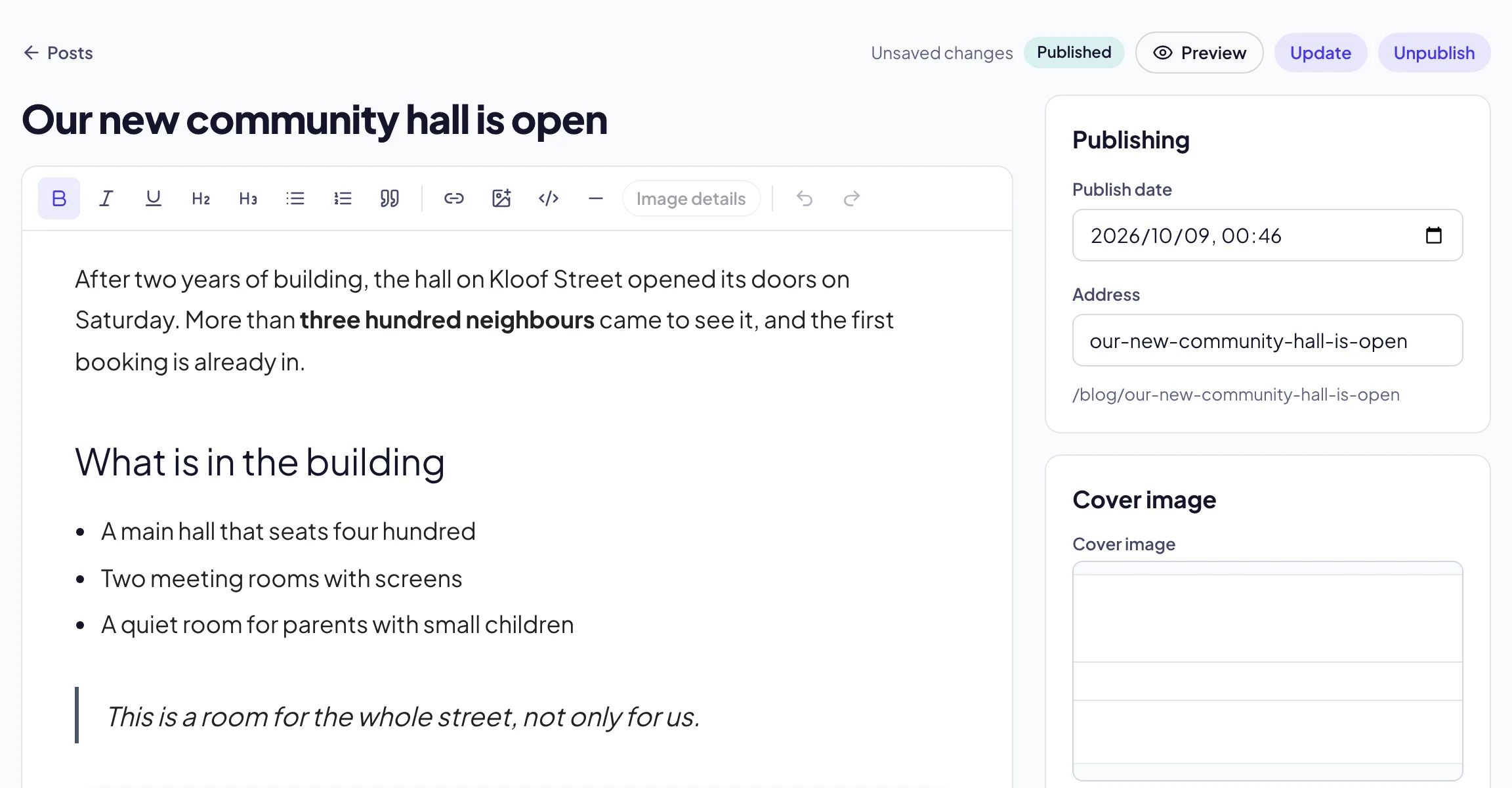 The post editor in the Pages console: the title, the formatting toolbar and the post’s heading, paragraph, list and quote, with Publishing and Cover image on the right
