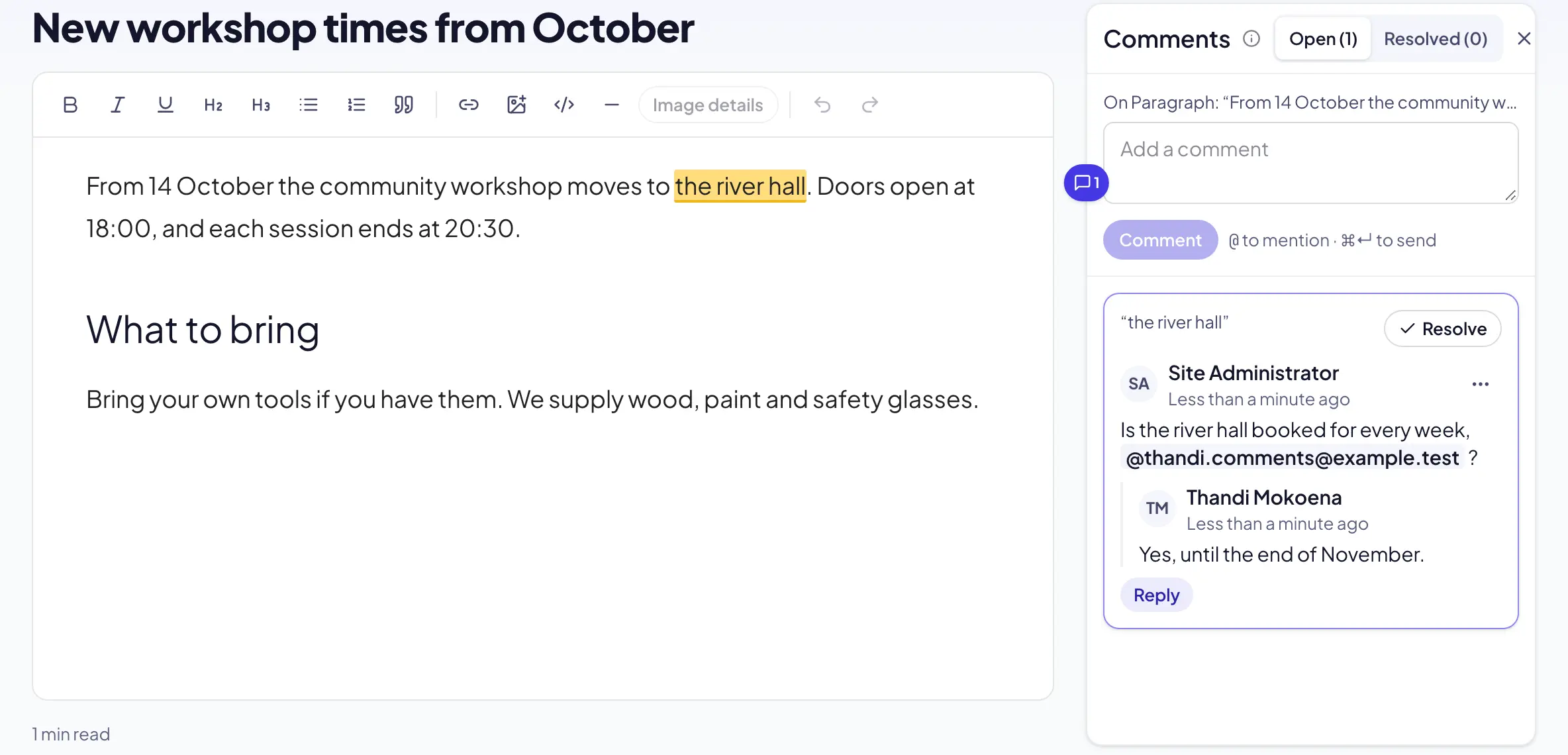 The post editor with the comments sidebar open: a highlighted sentence, a thread with a reply and a mention, and the Resolve button