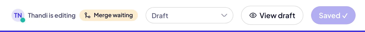 The top of the page editor: a face with Thandi is editing, Merge waiting, the status and the save buttons