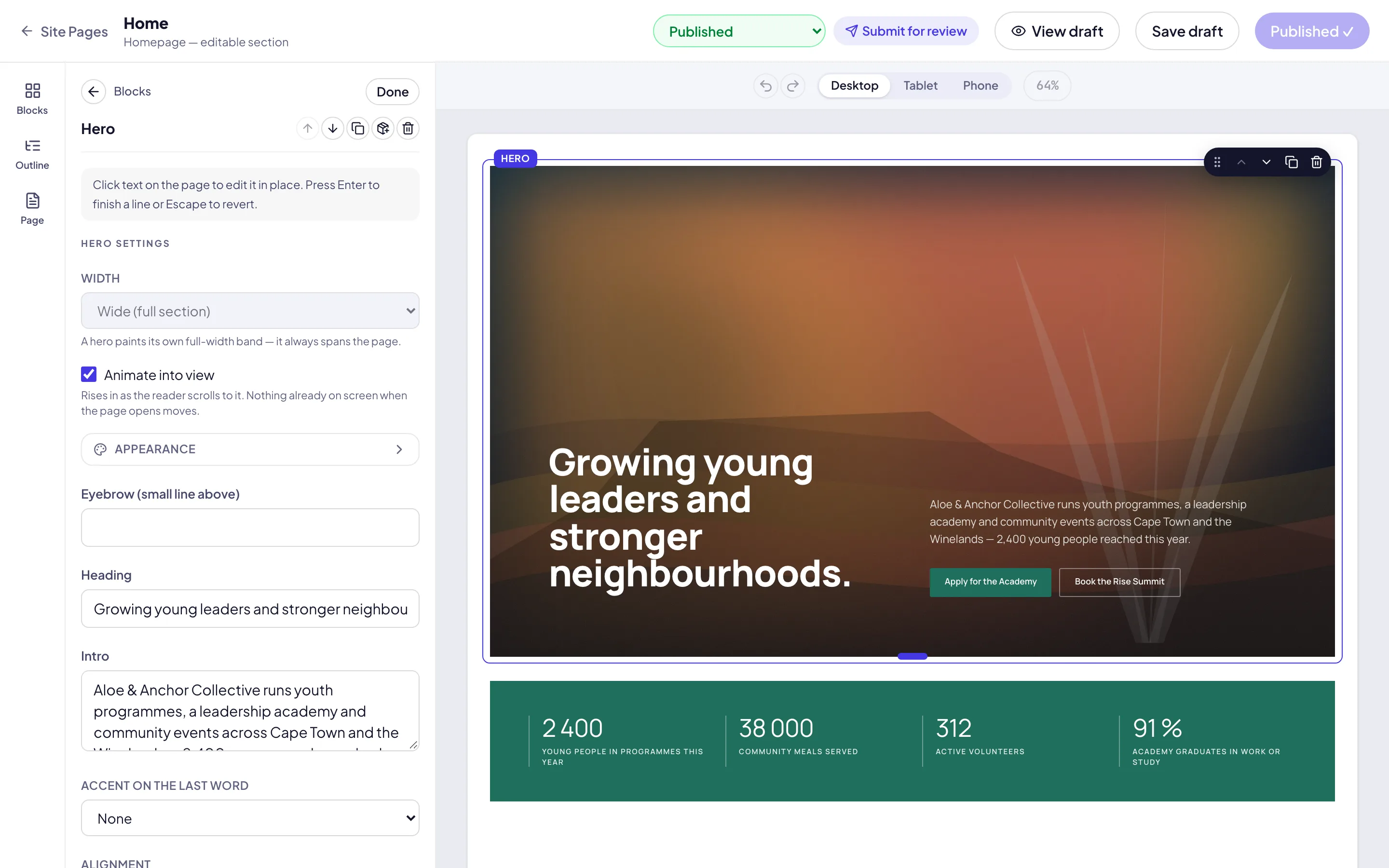 The Pages editor with a community organisation's homepage open