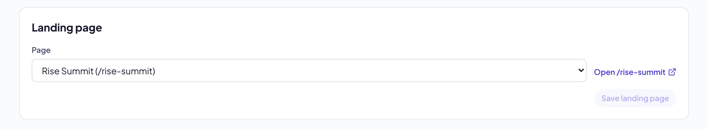 The Landing page card on an event’s Settings tab in the Pages console: the Page chosen for the event, a link to open it, and Save landing page