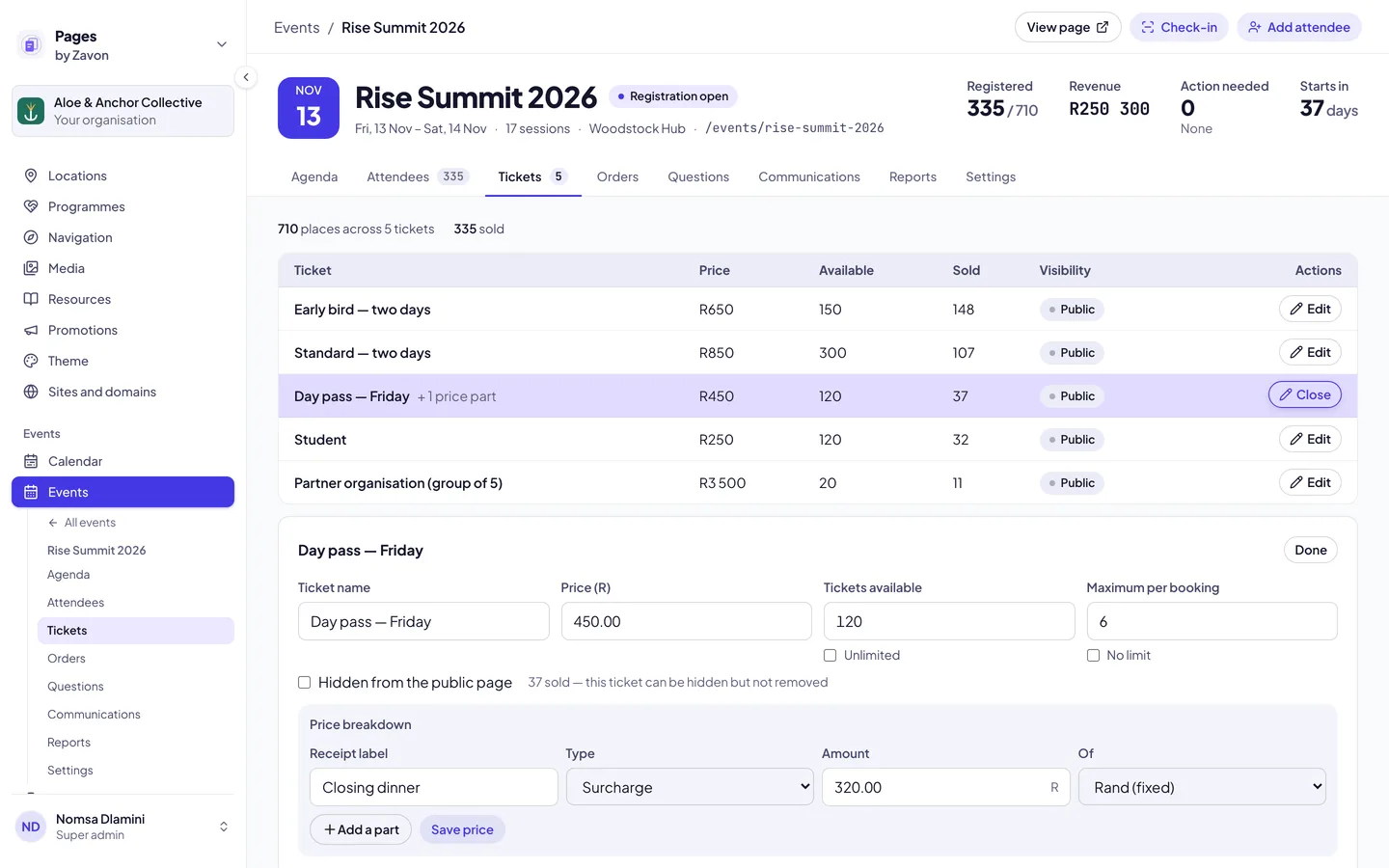 Ticket types for a two-day summit
