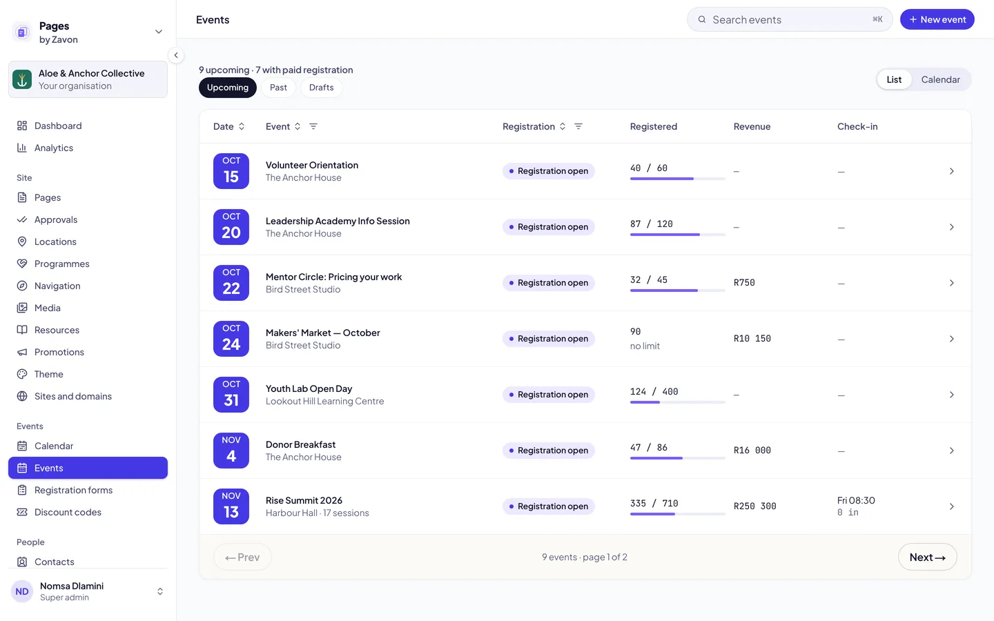 The events list in Pages with registrations and revenue