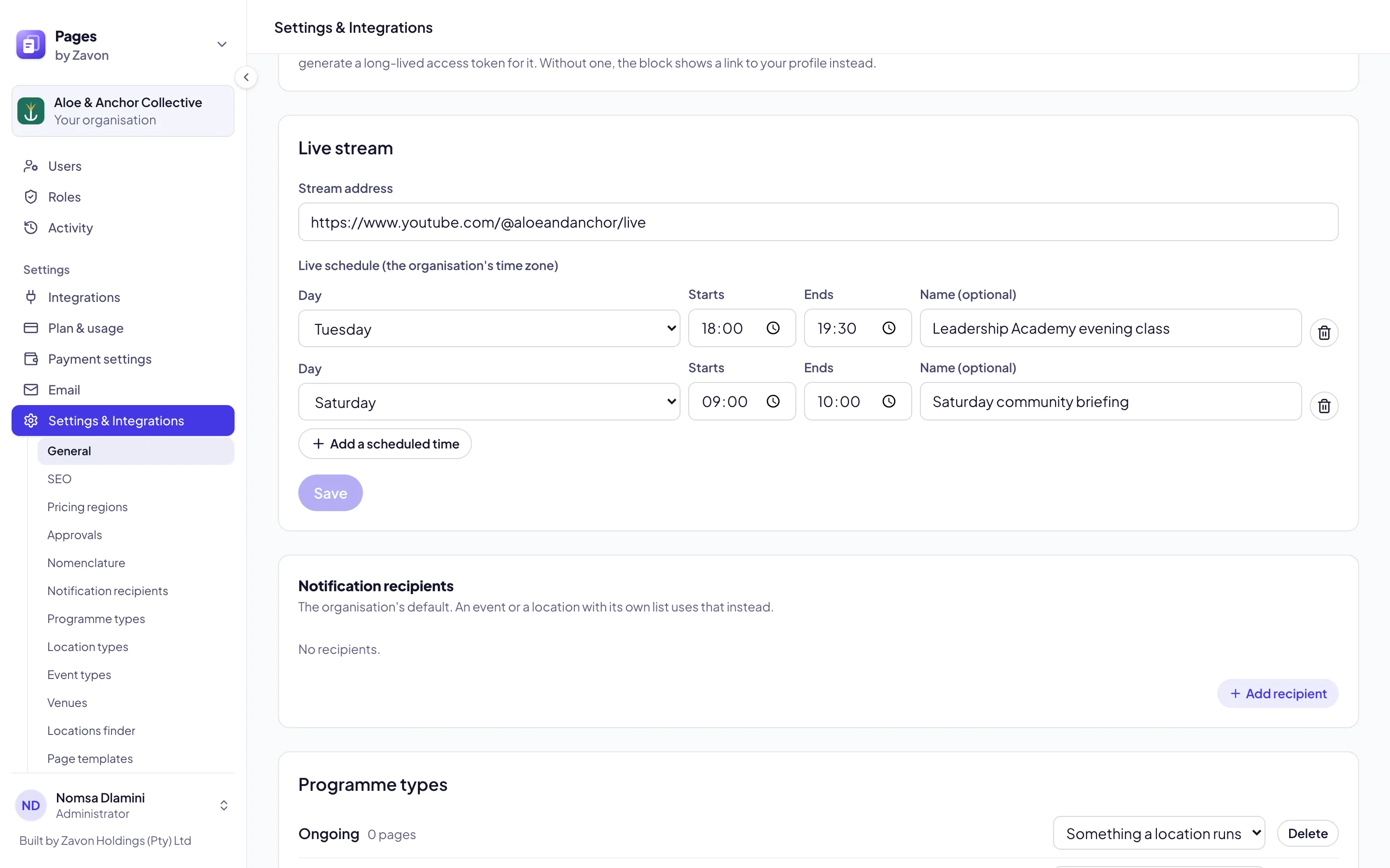 The Live stream settings in the Pages console: the Stream address, a live schedule with Day, Starts, Ends and Name, Add a scheduled time and Save