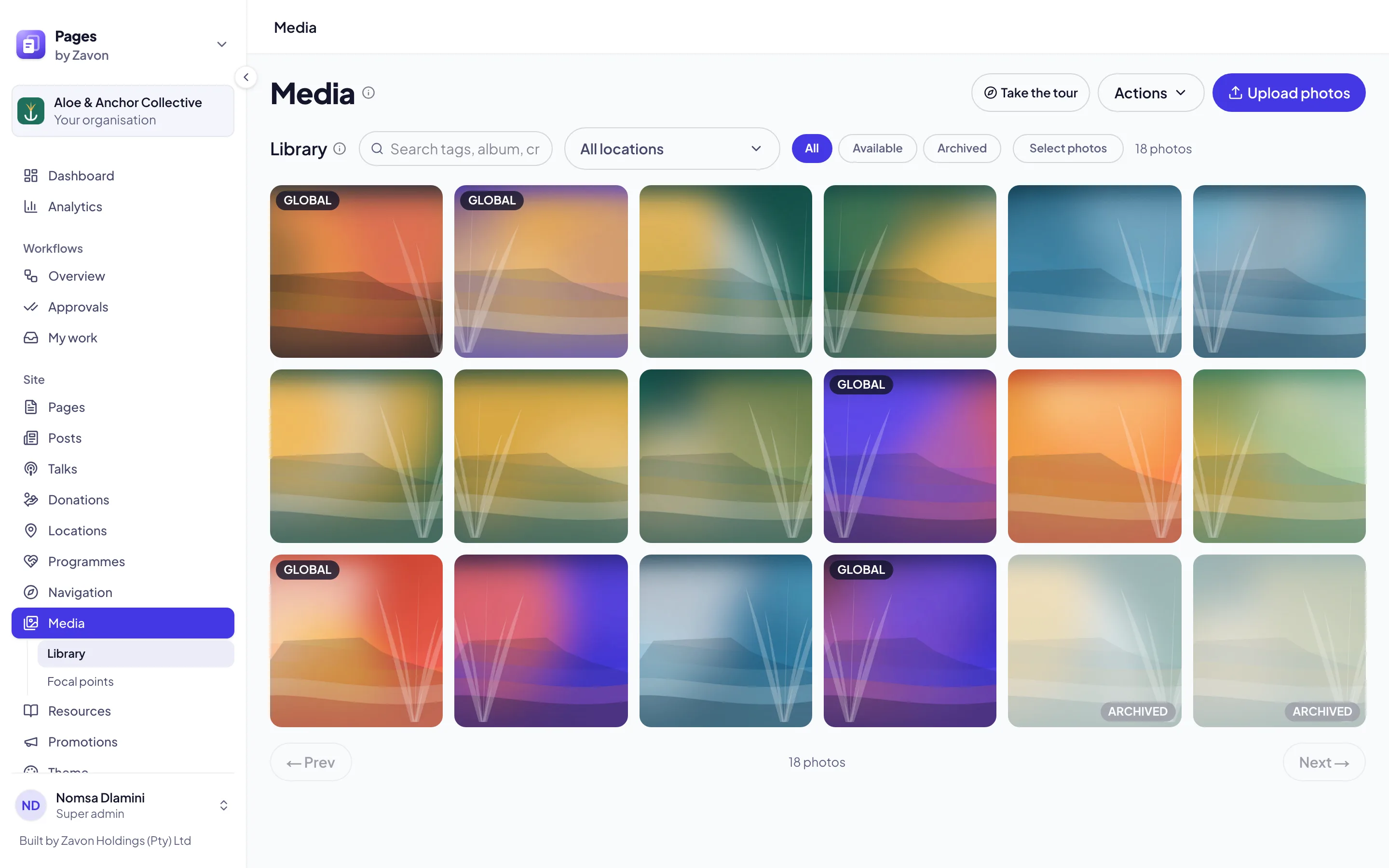 The Media screen: the Library heading with search, the locations filter and the status buttons above a grid of photos