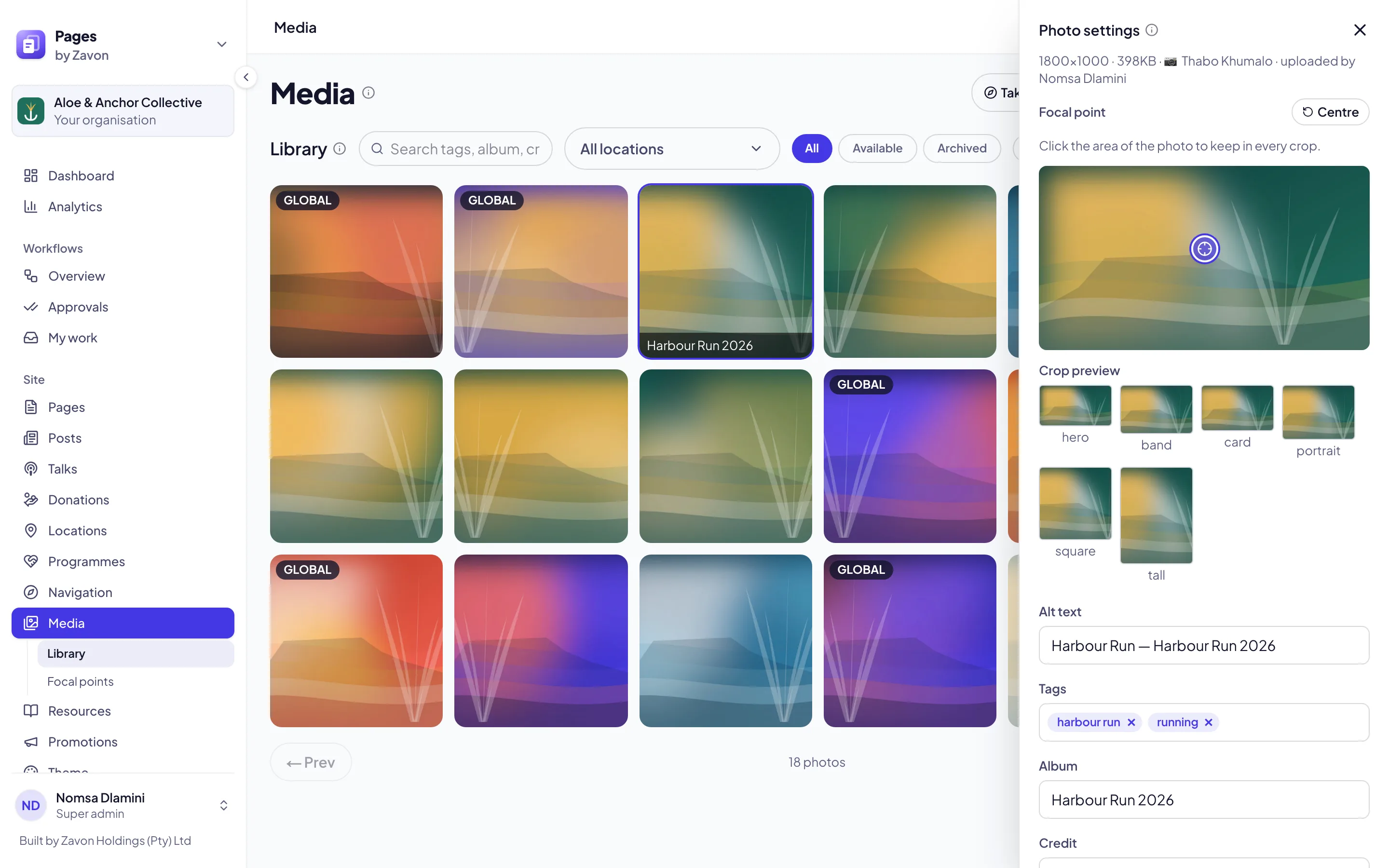The Photo settings panel beside the library: the focal point picker, Alt text, Tags, Album, Credit and Visibility