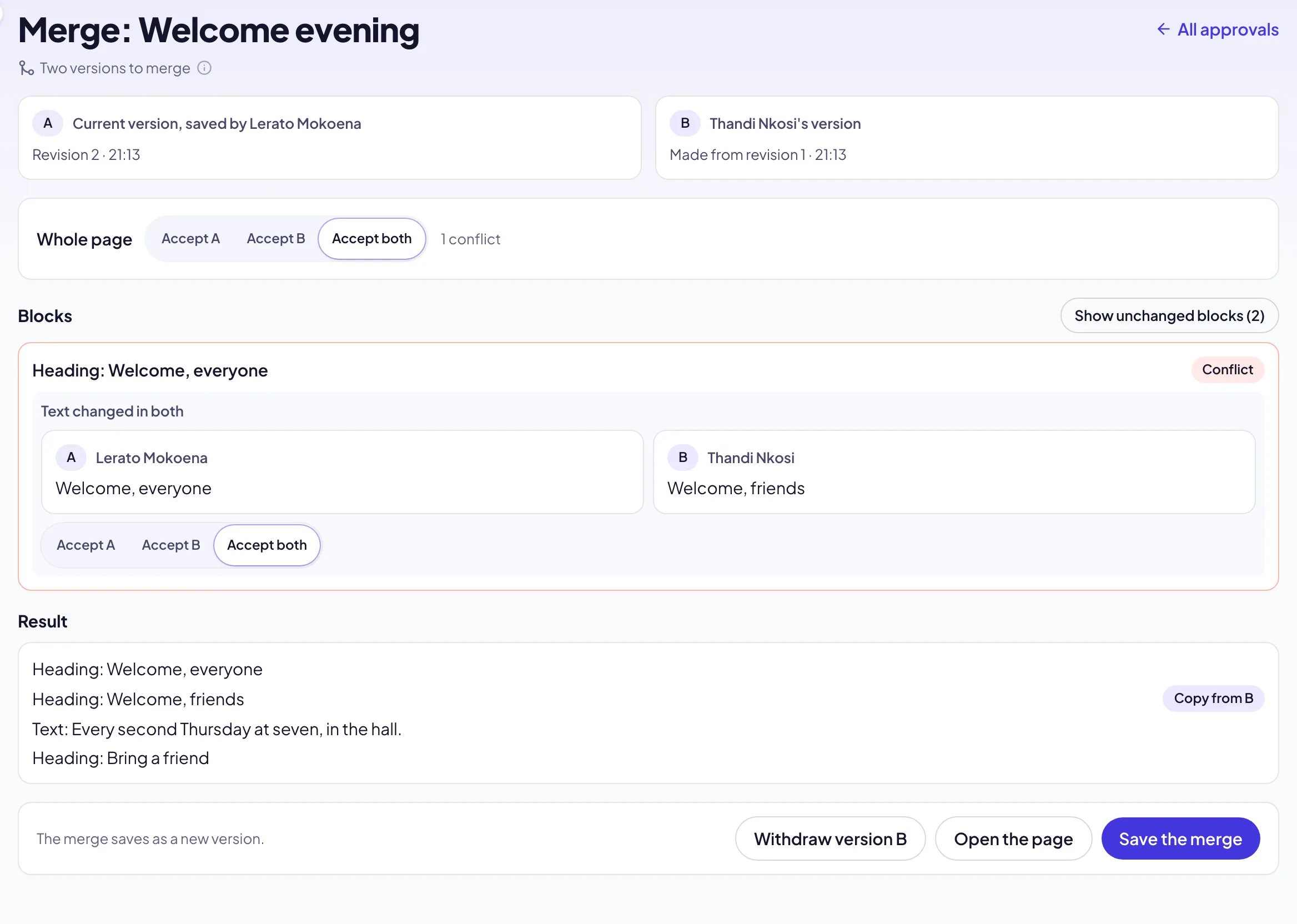 The merge screen: version A and version B, Accept A, Accept B or Accept both for the whole page, a heading in conflict with both versions, and Save the merge
