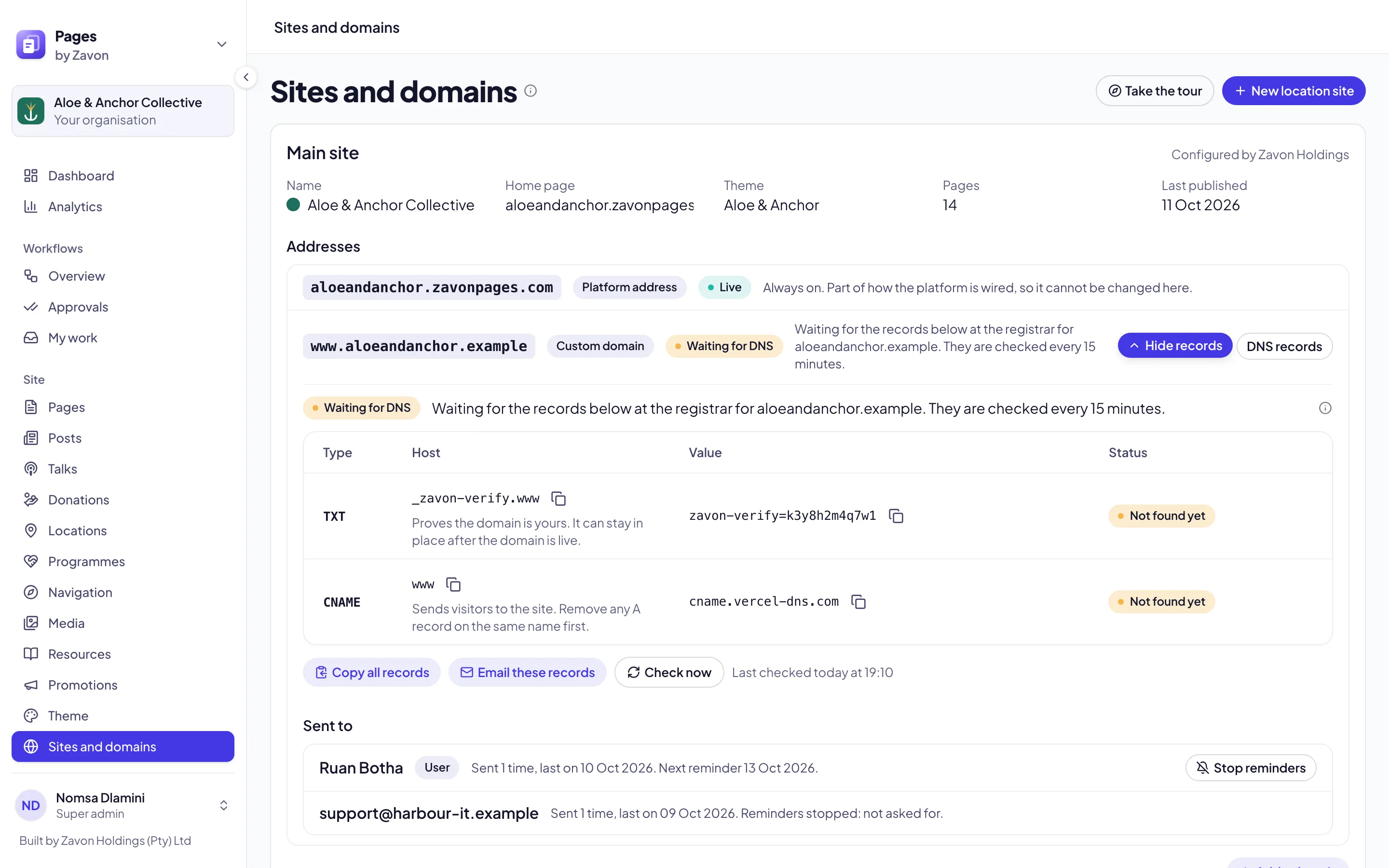 The Sites and domains screen: the main site card with a domain open, its TXT and CNAME records with copy buttons and a status for each
