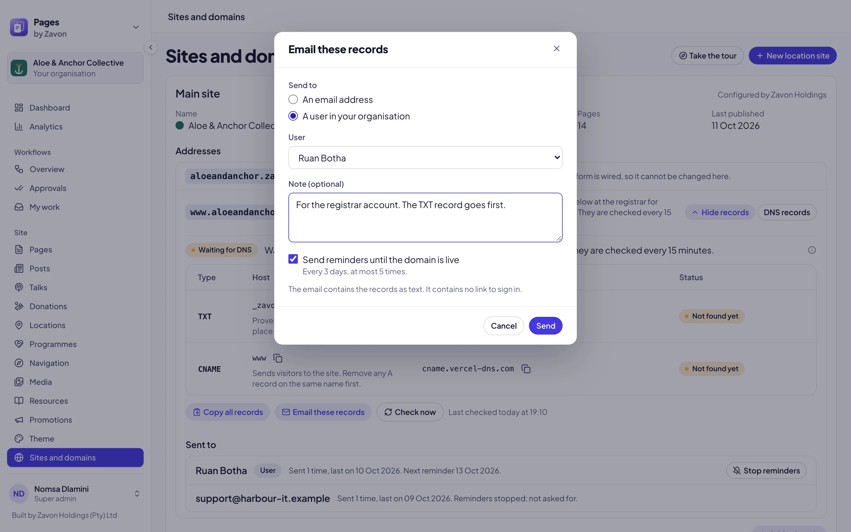 The Email these records form: Send to with An email address or A user in your organisation, a note, and the reminders check box
