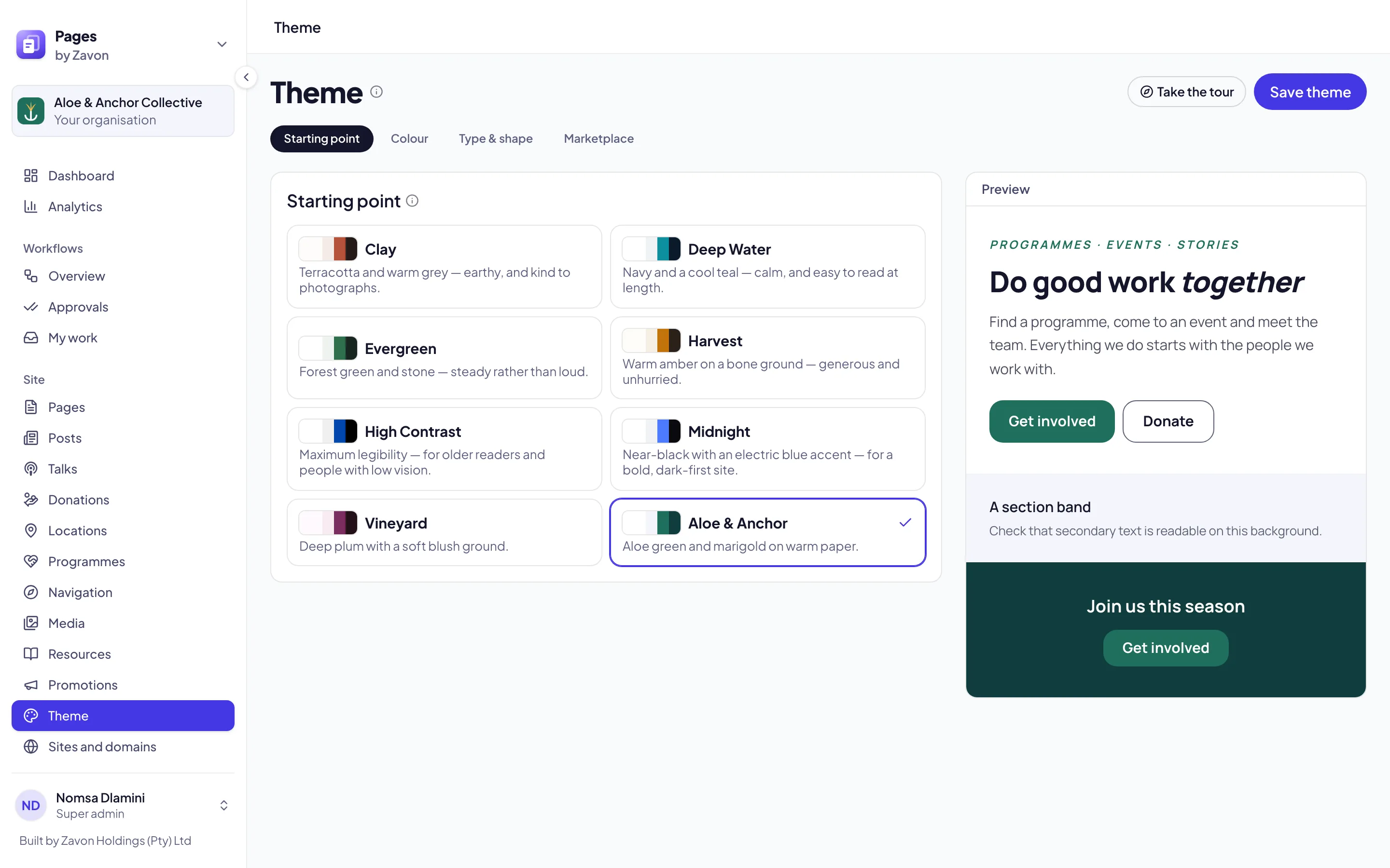 The Theme screen on the Starting point tab: theme cards with their colours, and the preview on the right