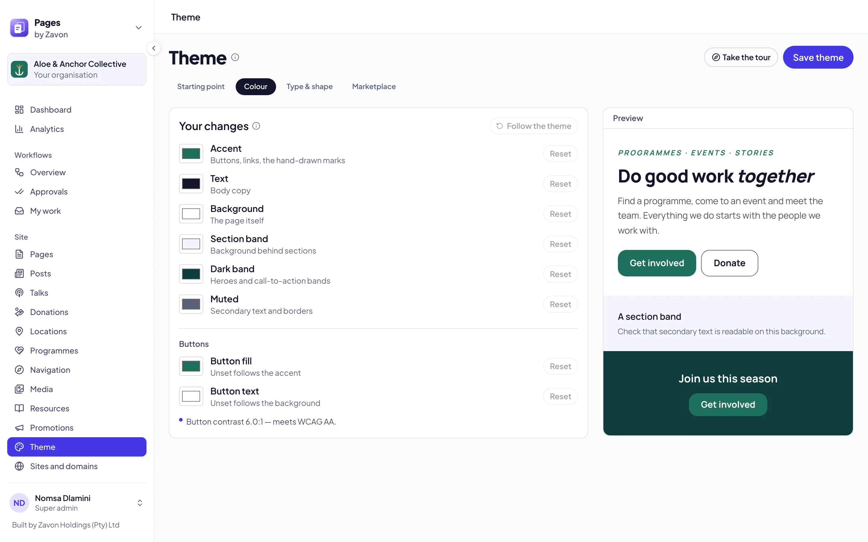 The Colour tab of the Theme screen: six colours with Reset buttons, the button colours with their contrast, and the preview