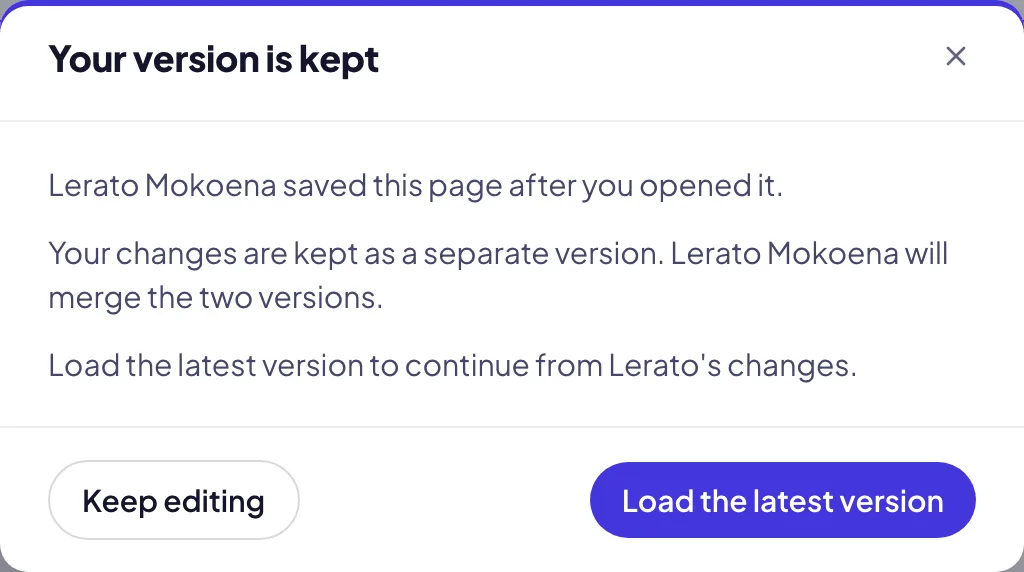 The message Your version is kept: who saved the page first, who will merge the two versions, Keep editing and Load the latest version