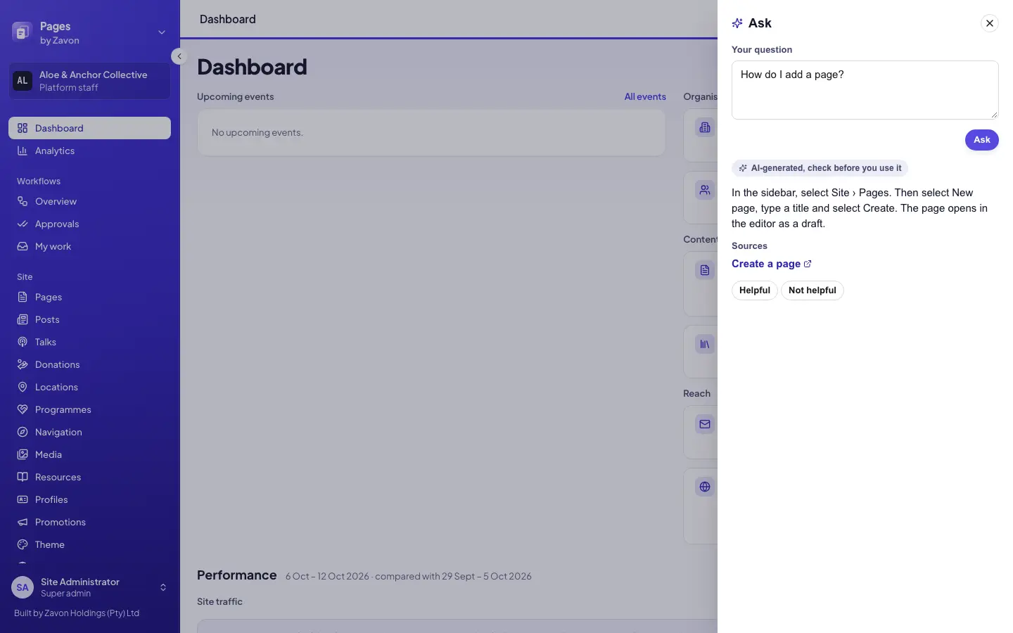 The Ask panel in the Pages console: a question about publishing a page, the drafted answer with the AI-generated label and two sources that link to guides