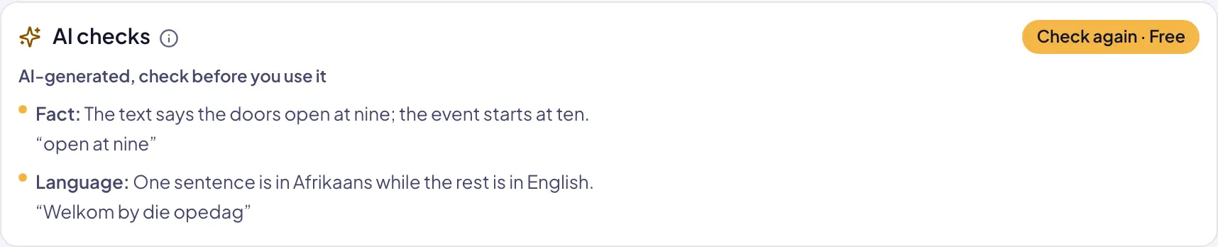 The AI checks panel in Reach: two warnings about a date that does not match the event and a sentence in a different language