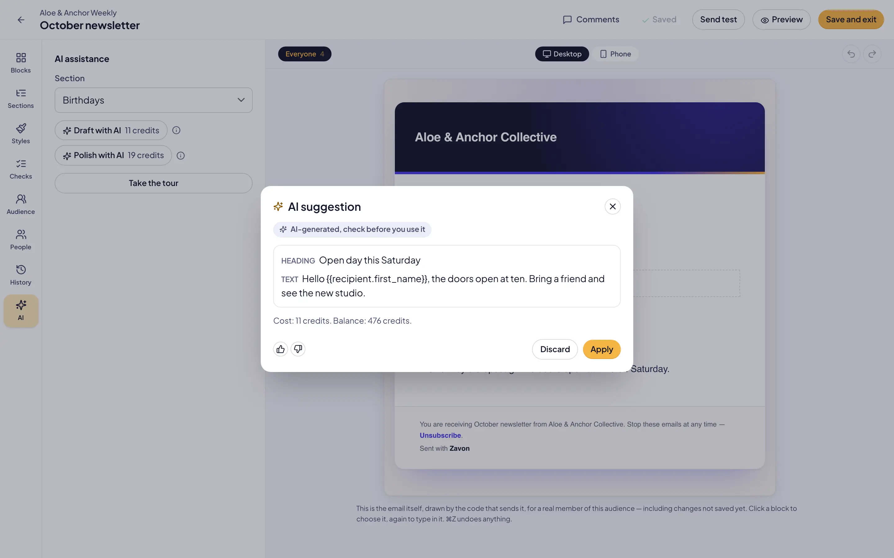 The Reach issue editor with an AI suggestion: drafted newsletter blocks with the AI-generated label, the cost in credits and the Apply and Discard buttons