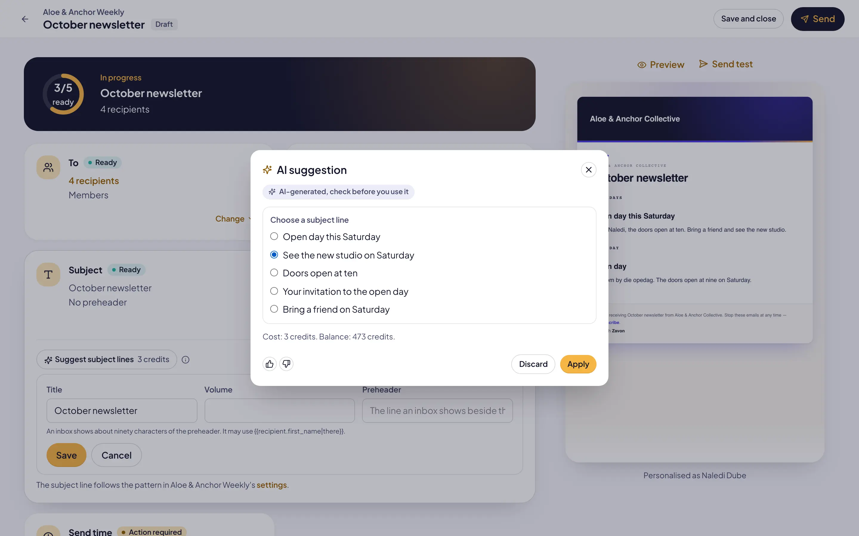 Five suggested subject lines for a newsletter issue in Reach, one selected, with the AI-generated label and the cost in credits