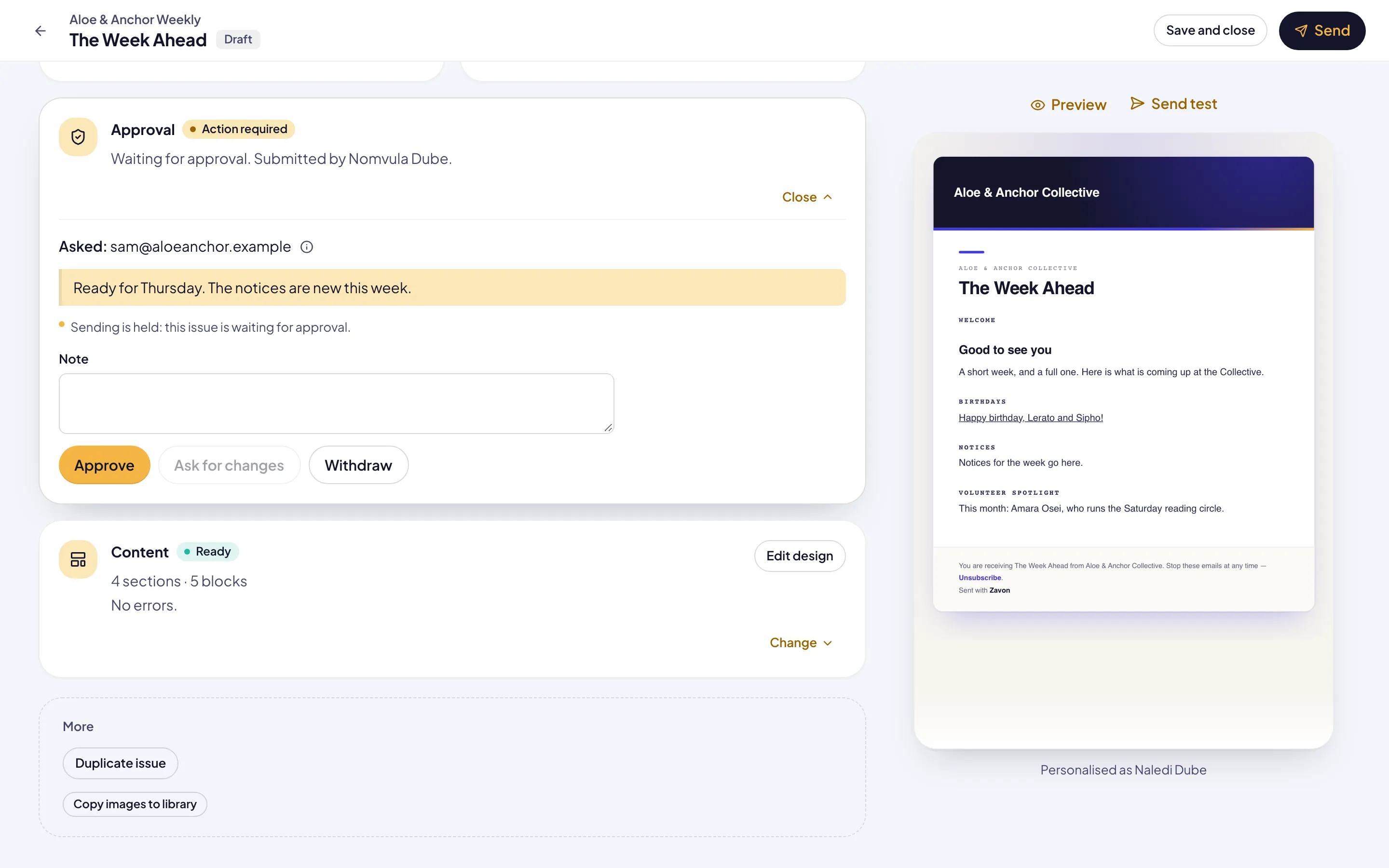 The Approval card for an approver: Waiting for approval, the person asked, the submitter’s note, Sending is held, a Note field, and Approve, Ask for changes and Withdraw