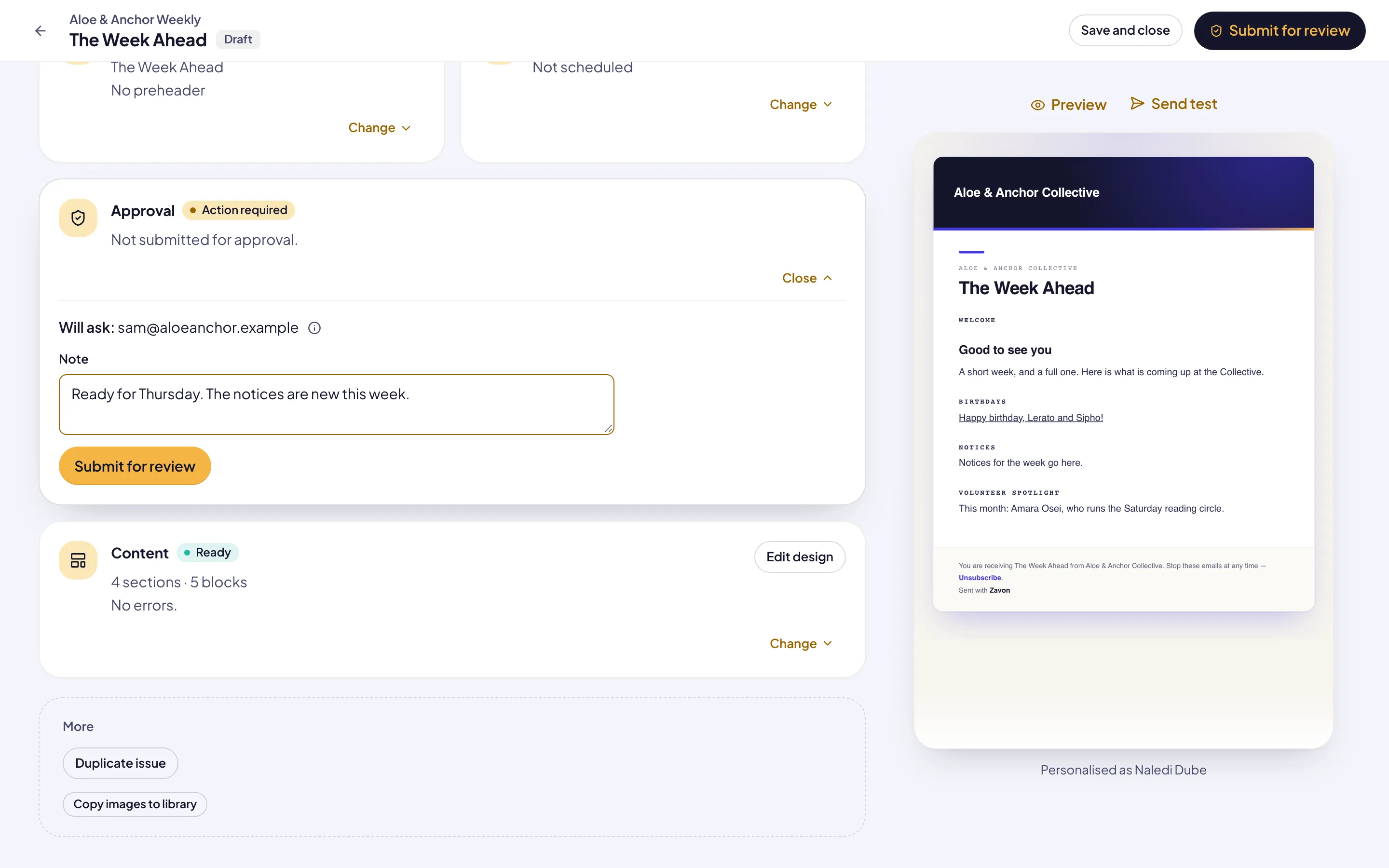 The issue overview for a person who cannot send: Submit for review at the top, and the Approval card with the approver to ask, a Note field and Submit for review