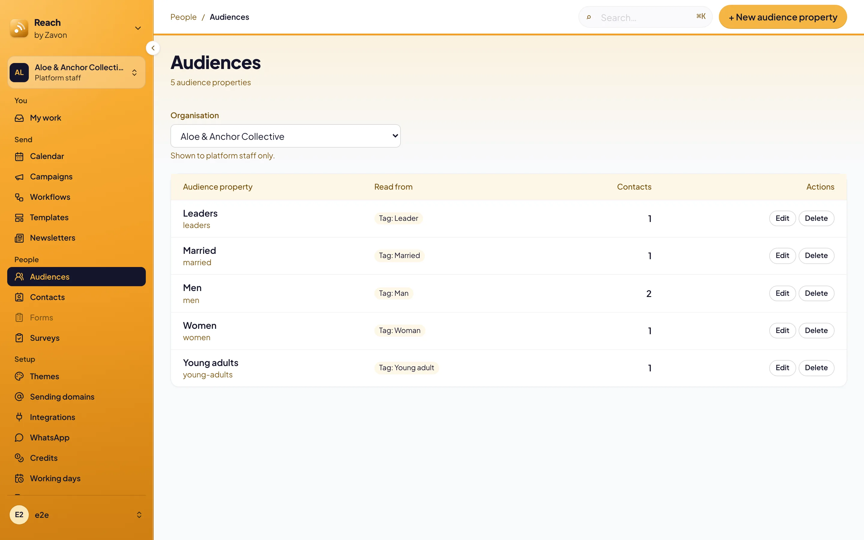 The Audiences screen with each property and the source it is read from