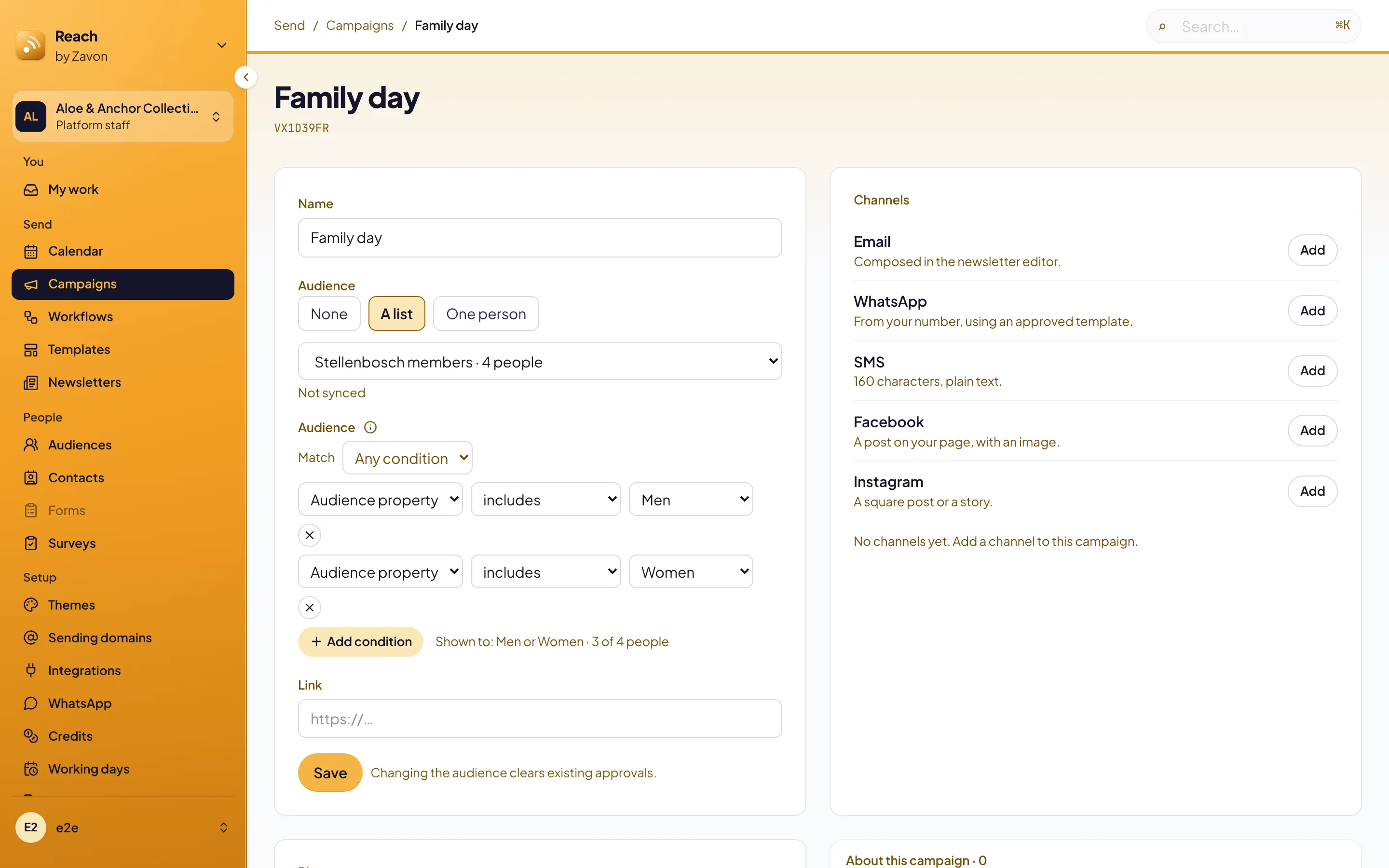 A campaign aimed at a list with an audience filter of two audience properties, showing three of four people