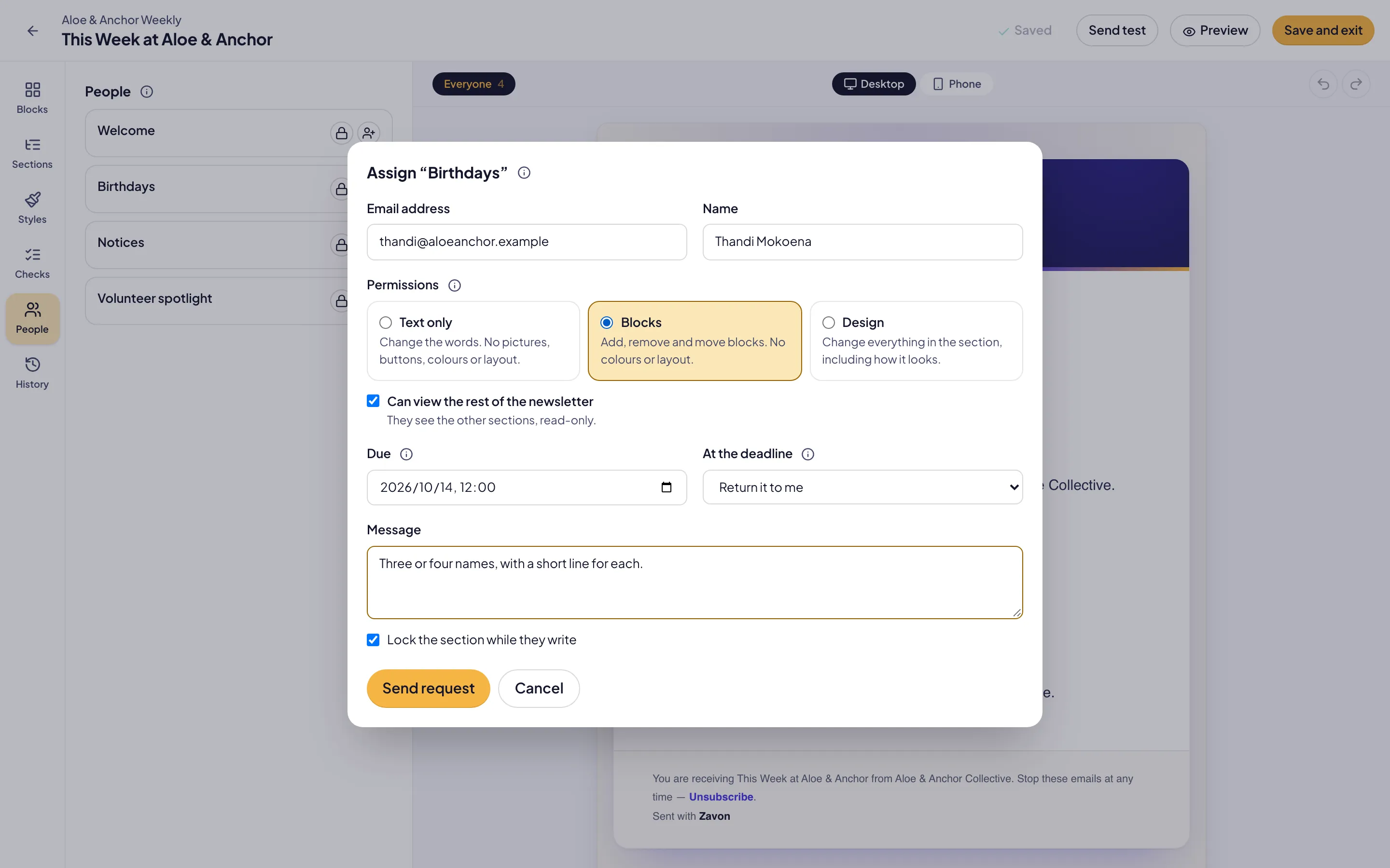 The Assign dialog over the issue builder: Email address, Name, Permissions (Text only, Blocks, Design), Can view the rest of the newsletter, Due, At the deadline, Message, Lock the section while they write and Send request