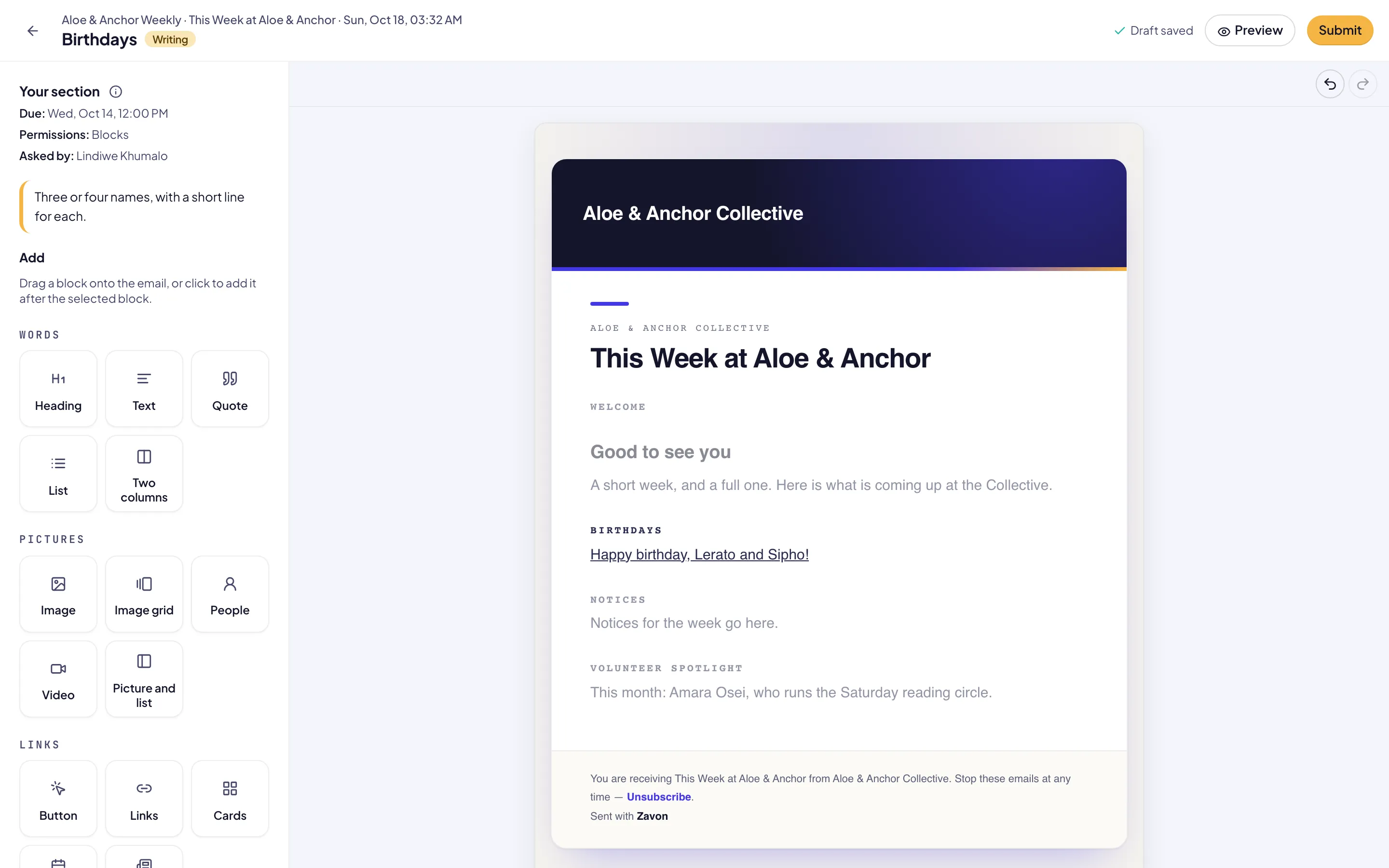 A contributor’s section in the email: their section editable, the other sections dimmed and view only, Your section on the left with Due, Permissions, Asked by and the message, and Preview and Submit at the top