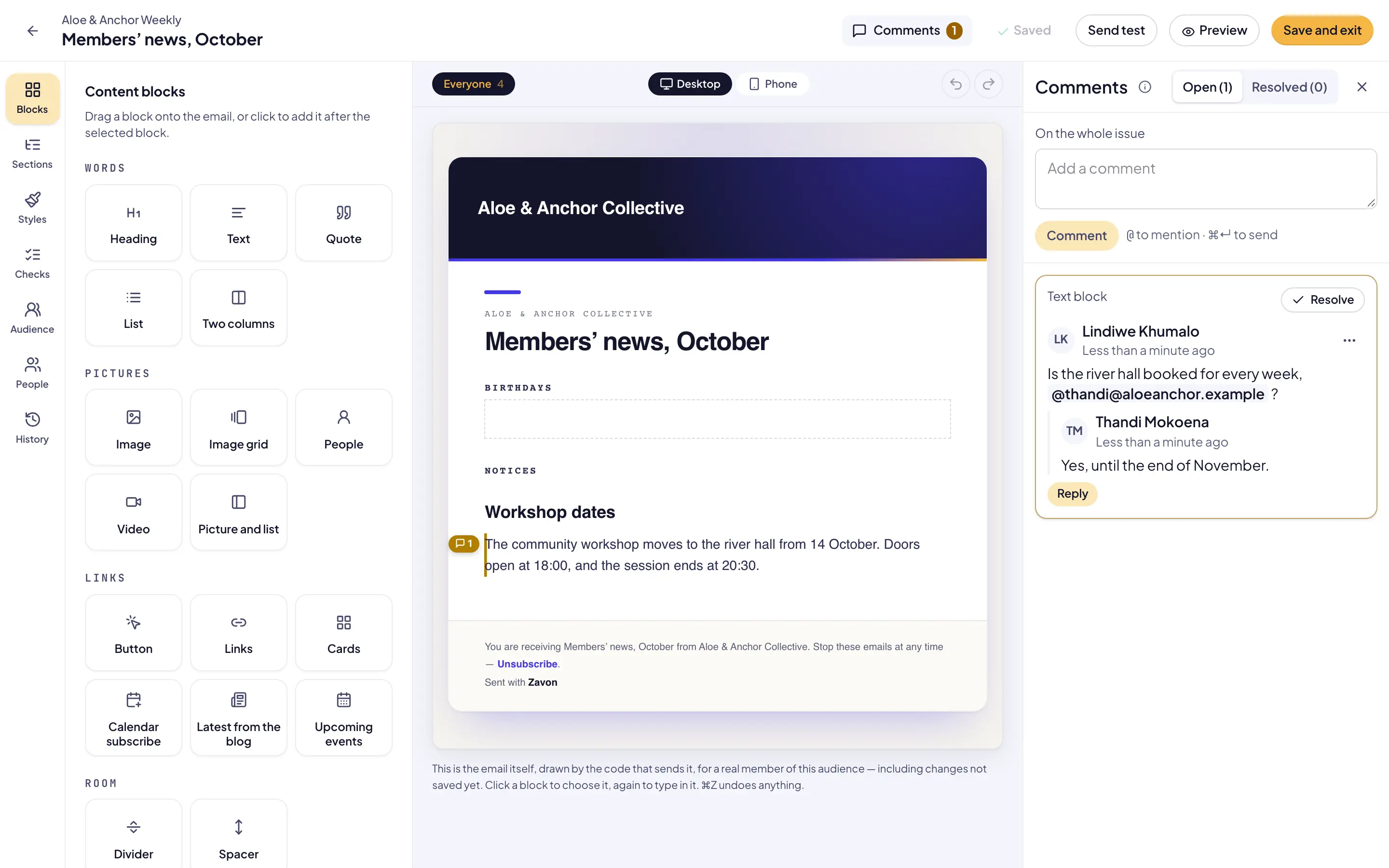 The newsletter issue editor with the comments sidebar open: a block with a comment mark, and a thread with a reply