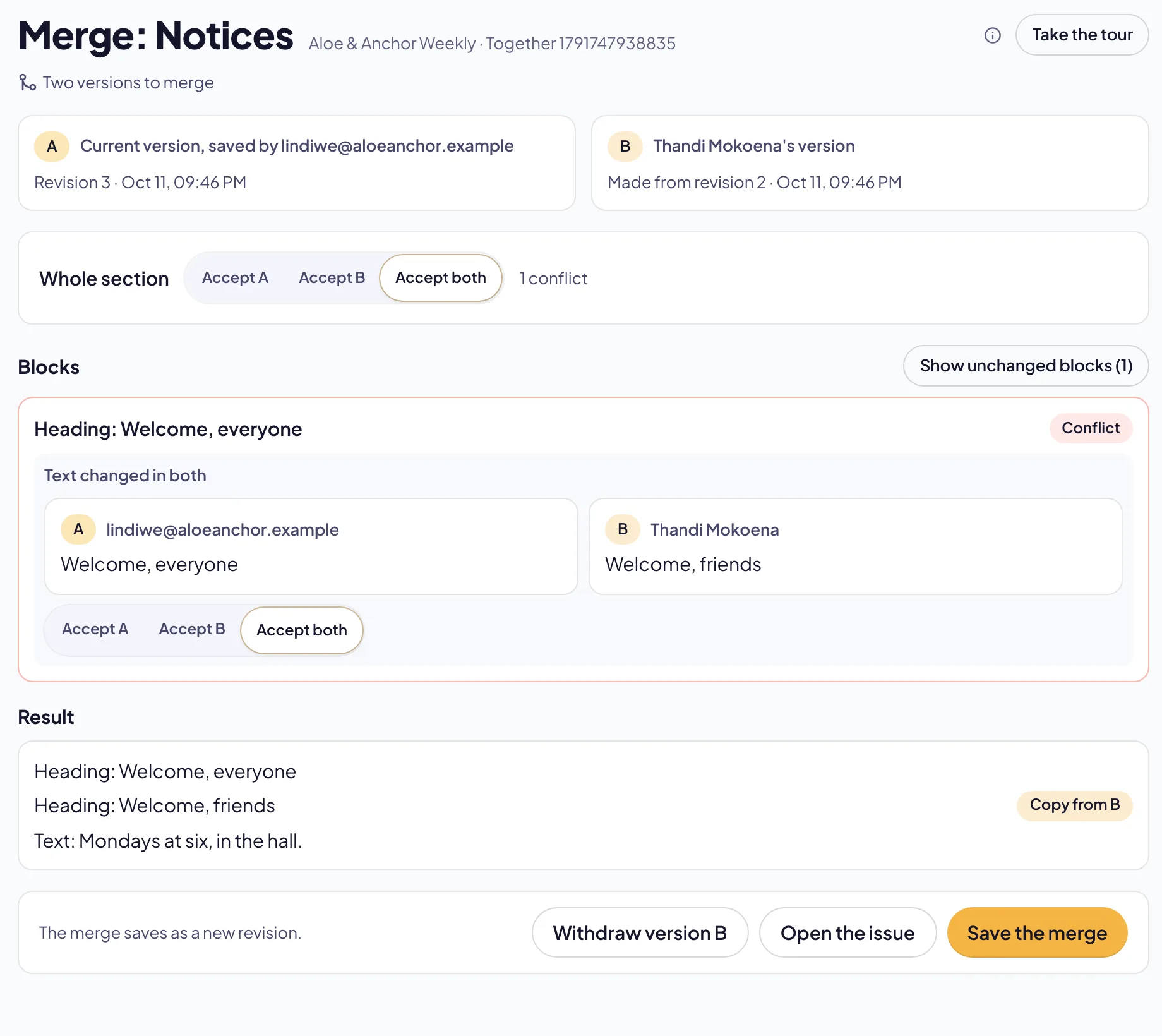 The merge screen: version A and version B, Accept both for the whole section, a heading in conflict with both versions, the result and Save the merge