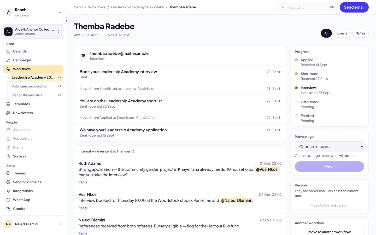 A customer record with emails and stages in Reach