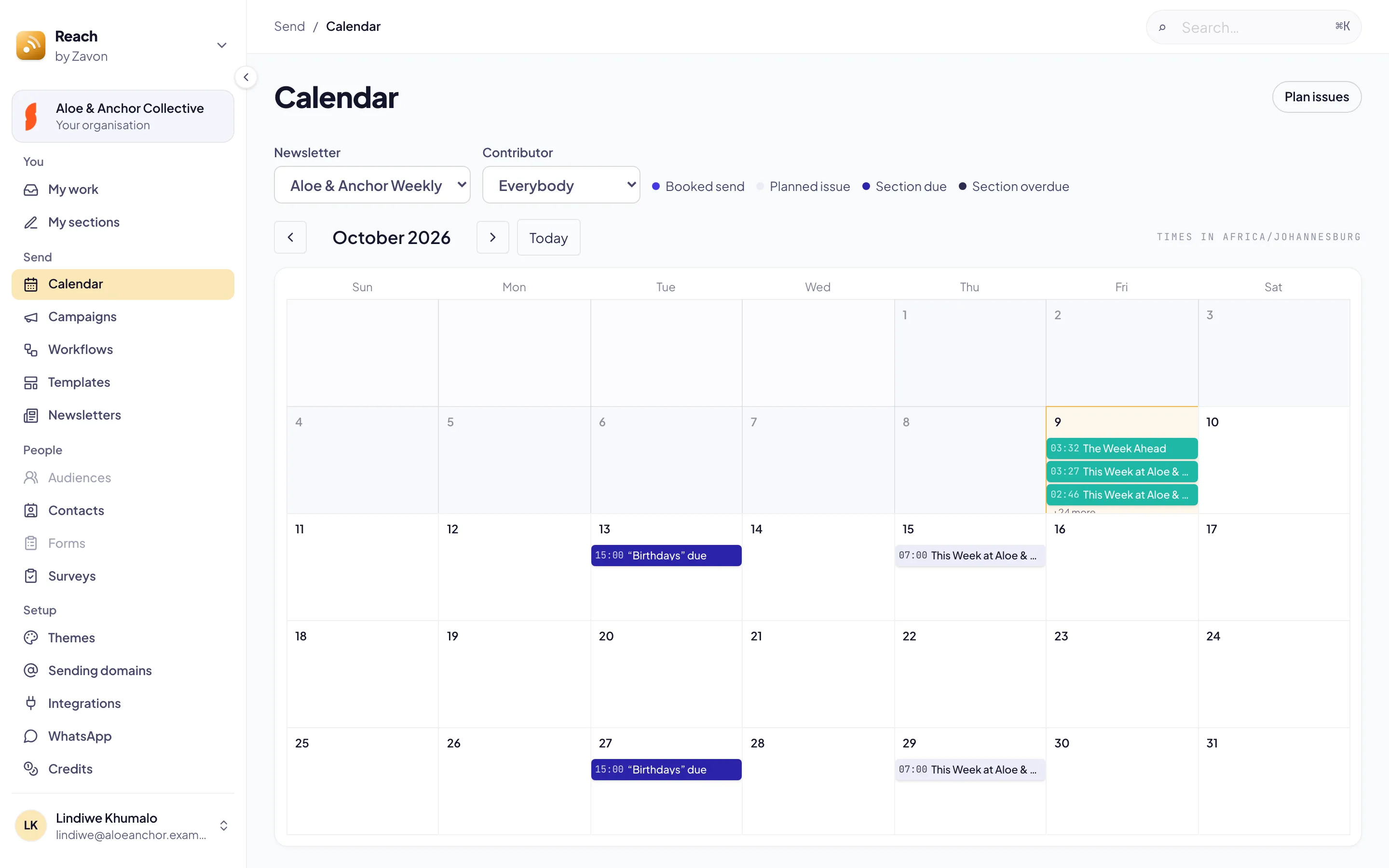The Calendar filtered to one newsletter: booked sends, planned issues on Thursdays and Birthdays due on Tuesdays, with the key Booked send, Planned issue, Section due and Section overdue