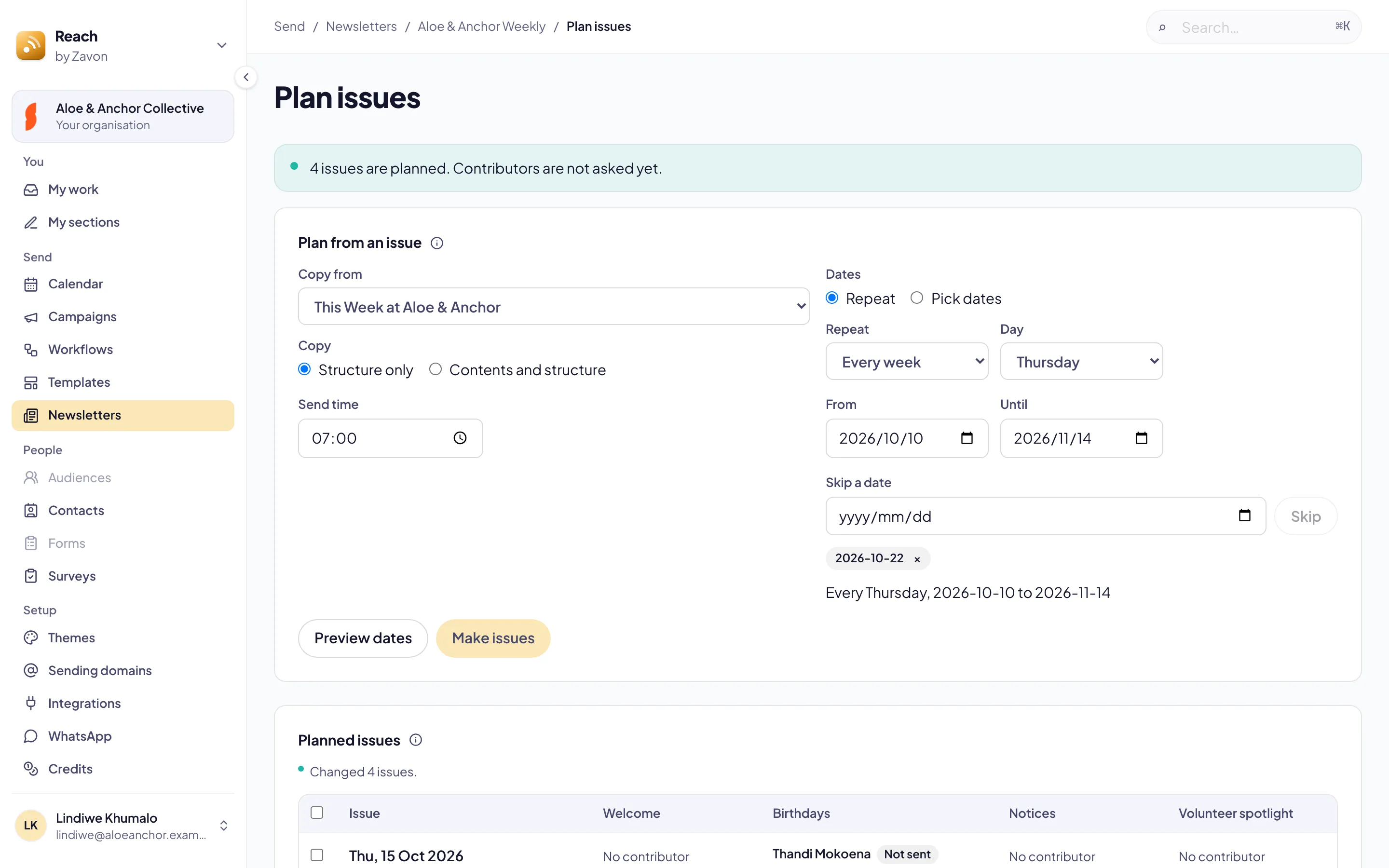 The Plan issues screen: Copy from, Structure only or Contents and structure, Send time, Repeat every week on Thursday from one date until another, a skipped date, and Preview dates and Make issues
