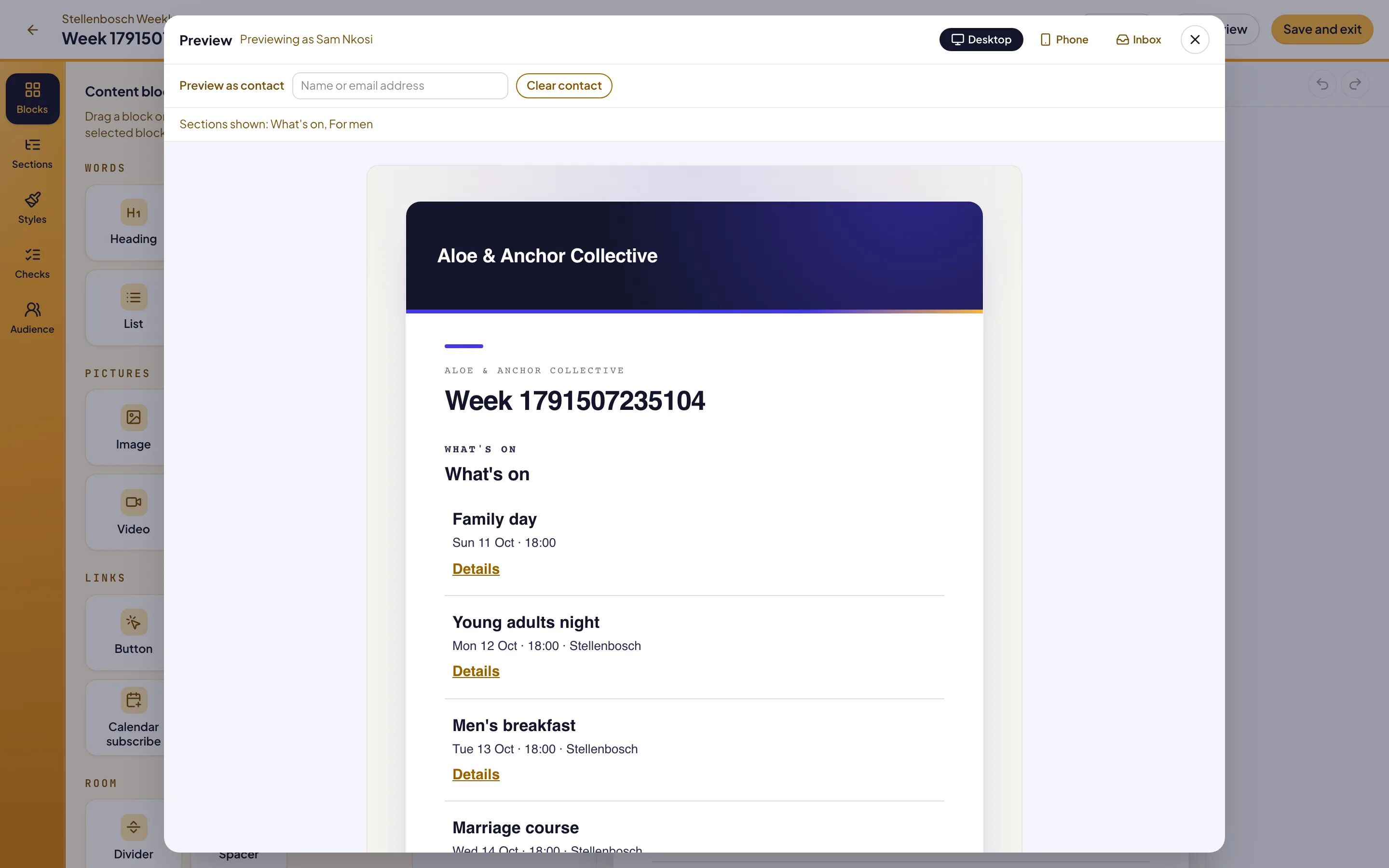 The Preview window showing the newsletter as one contact, with that contact’s events listed
