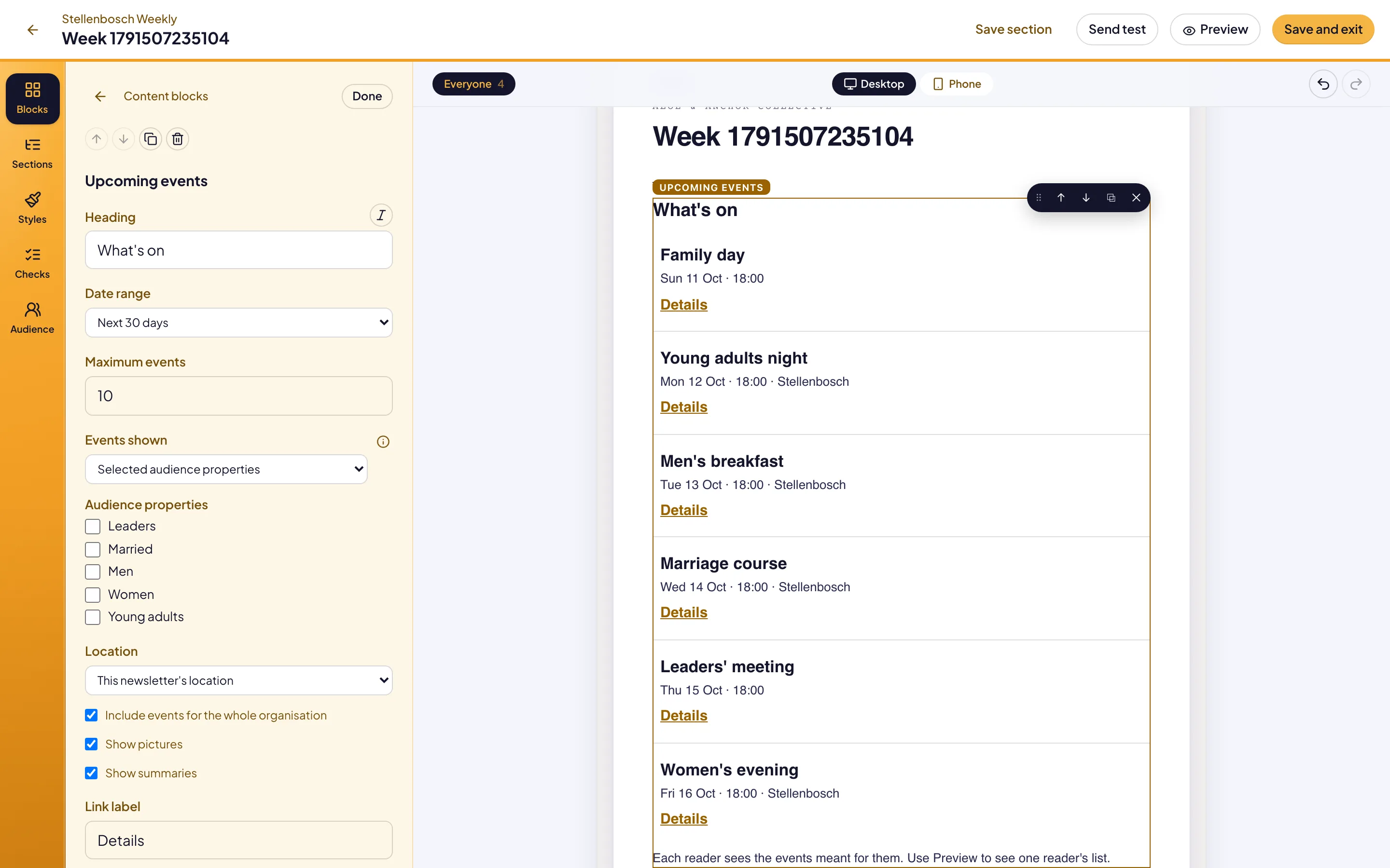 The issue editor with the Upcoming events block selected and its settings: Date range, Maximum events, Events shown and Location