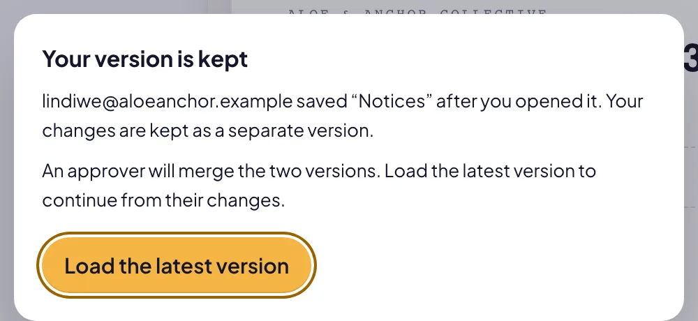 The message Your version is kept: who saved the section first, that an approver will merge the two versions, and Load the latest version