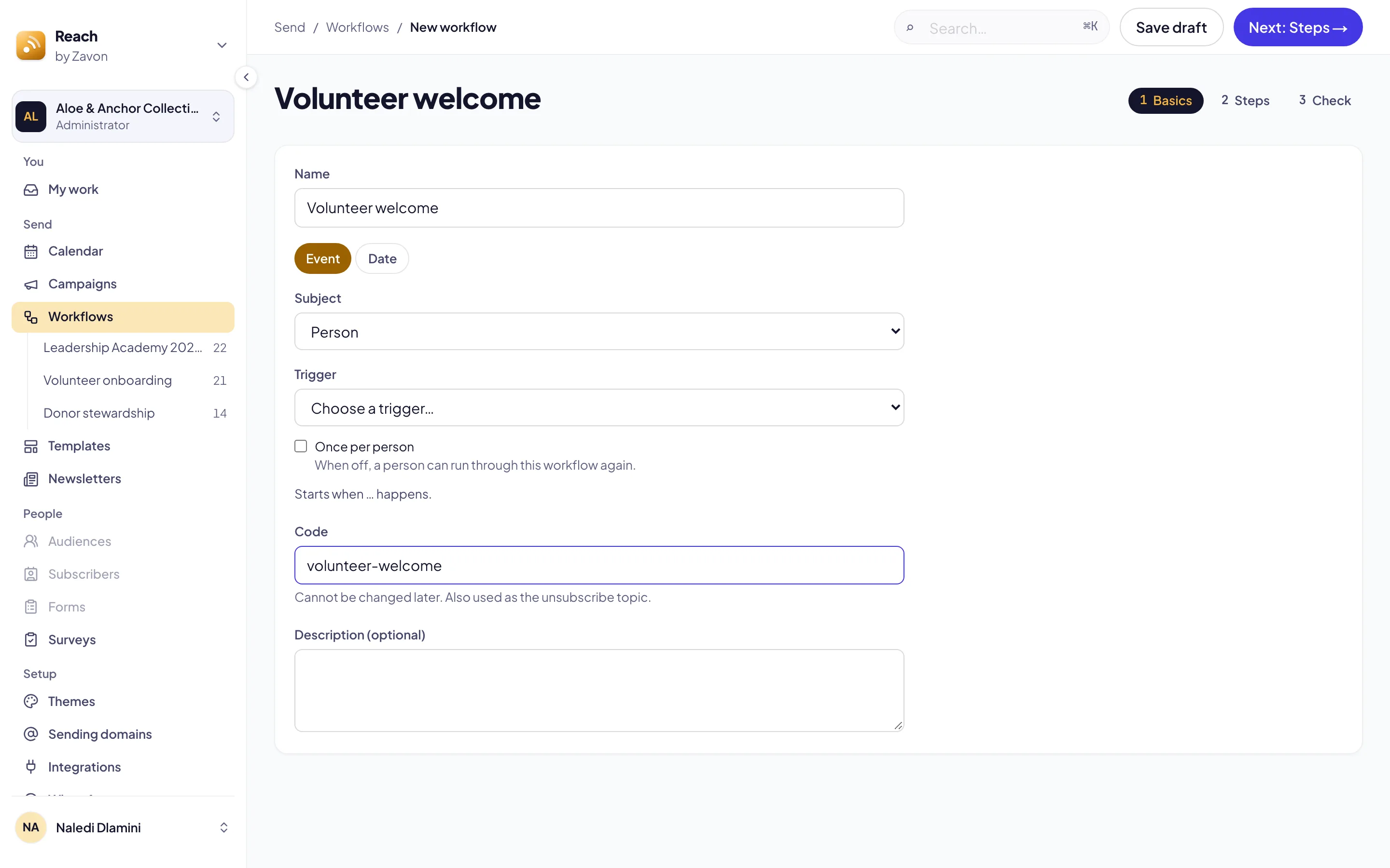 The New workflow screen on its Basics step: Name, Event or Date, Subject, Trigger, Once per person, Code and Description