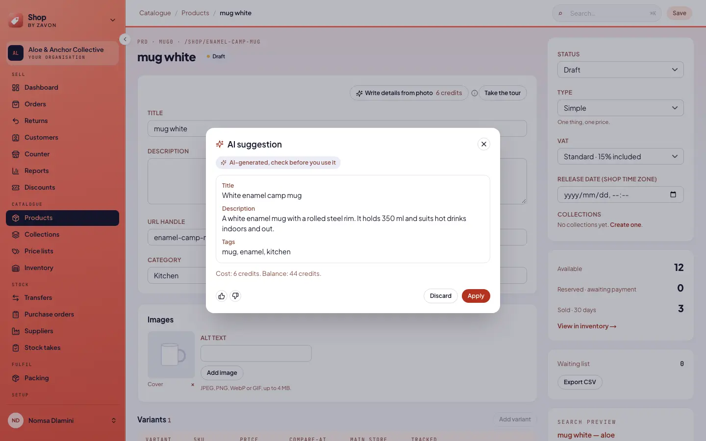 The Shop product editor with an AI suggestion: a title, a description and tags written from the product photo, with the AI-generated label and the cost in credits