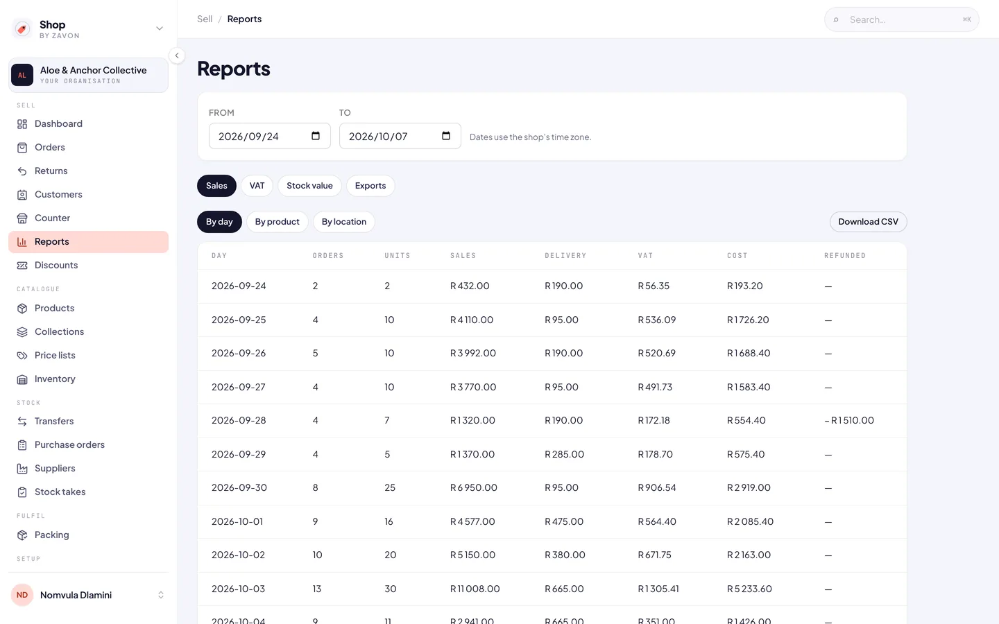 Sales and VAT reports in Shop